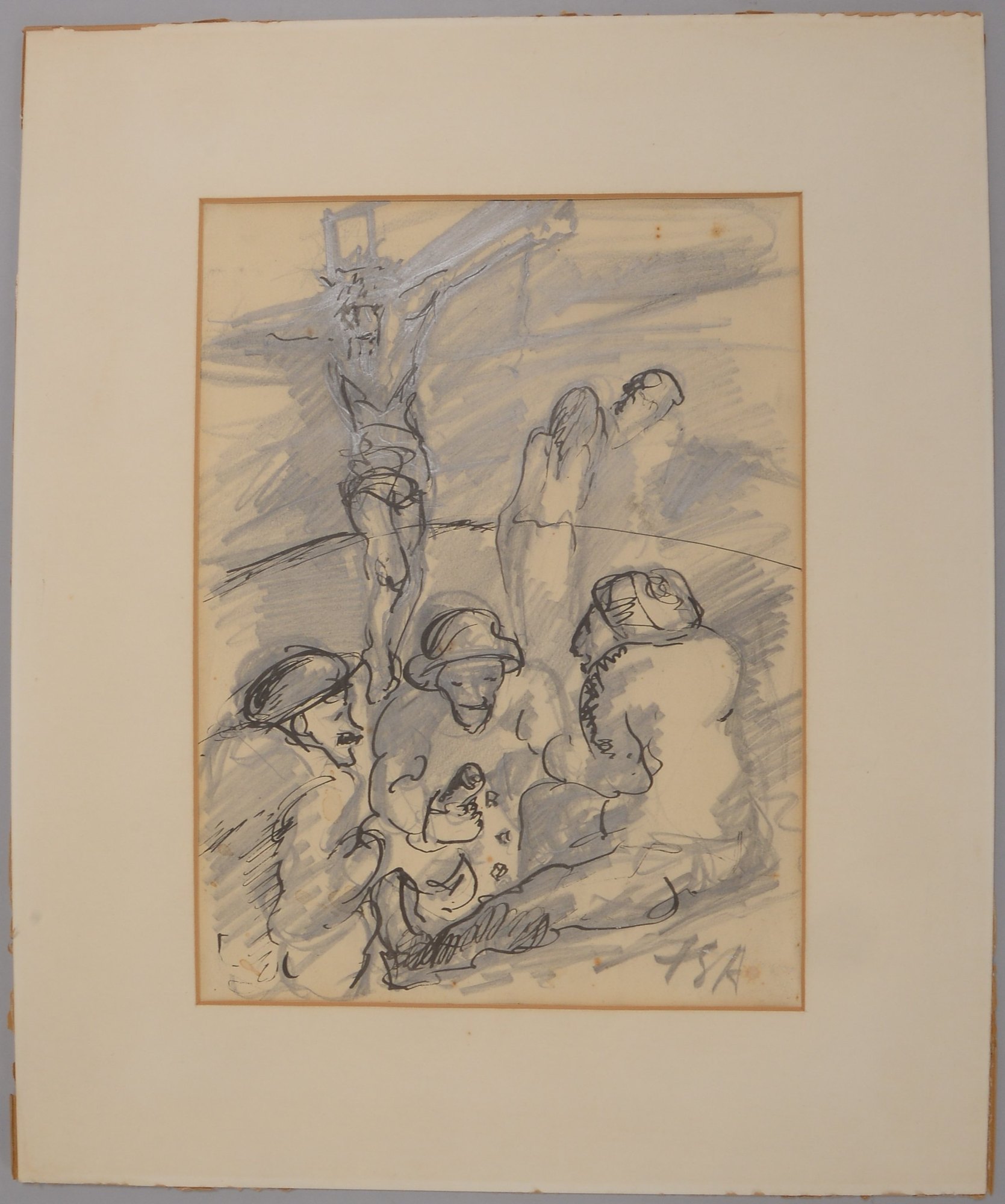 Schiestl-Arding, Albert (1883 Erding - 1937 Bremen), 'Kreuzigungsszene', Bleistift-/Tuschezeichnung