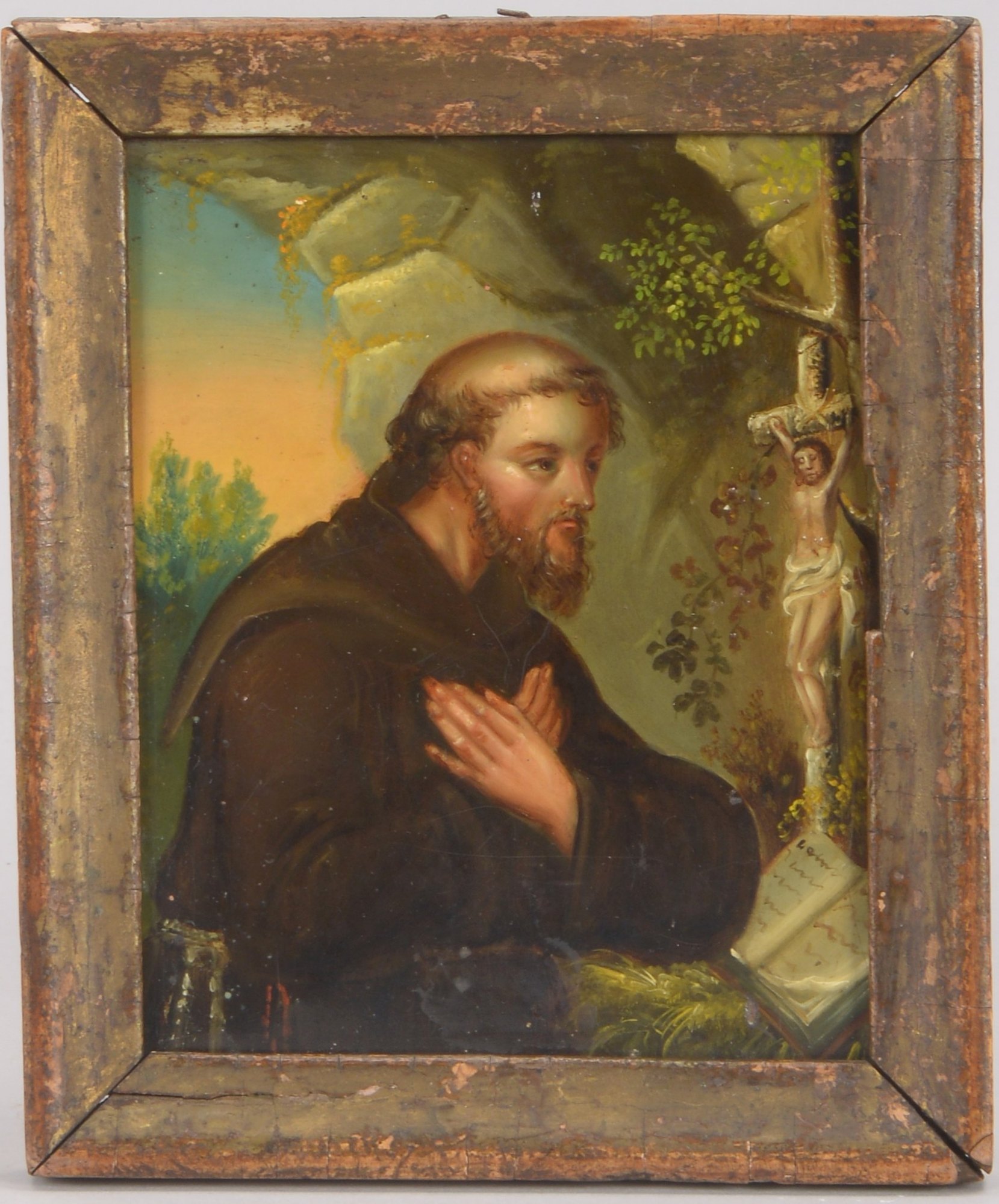 Miniaturmalerei (Tschechien, 1863), 'Heiliger Frantisek im Gebet', Öl auf Metalltafel, verso Text