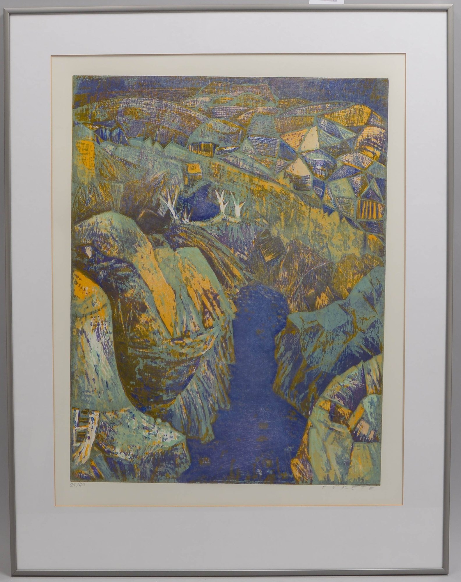 Fekete, Esteban (1924 - 2009), 'Hügellandschaft', Farbholzschnitt, Auflage-Nr. '21/40', signiert
