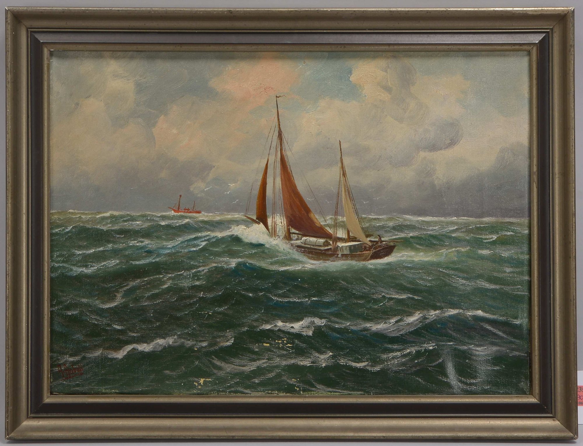 Gabali, Alfred (1886 - 1960), 'Segelboot in der Brandung', Öl/Lw; Rahmenmaße 43 x 57 cm