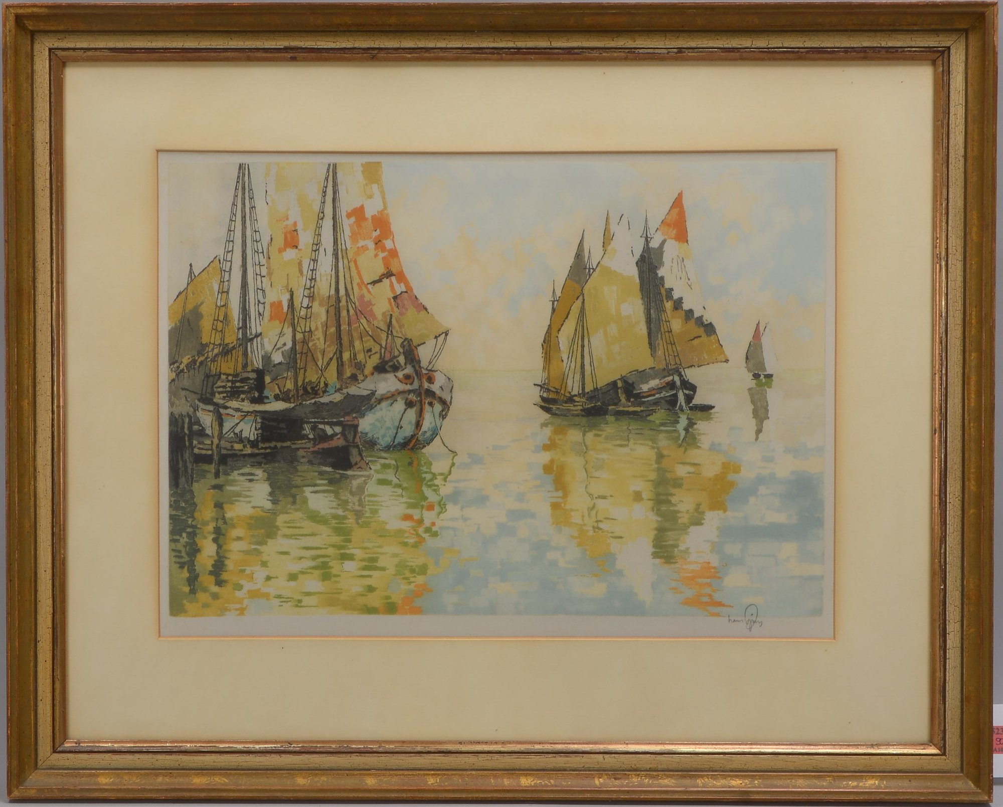 Figura, Hans (1898 Serbien - 1978 Wien), 'Venezianische Fischerboote', Farbradierung auf Atlasseide