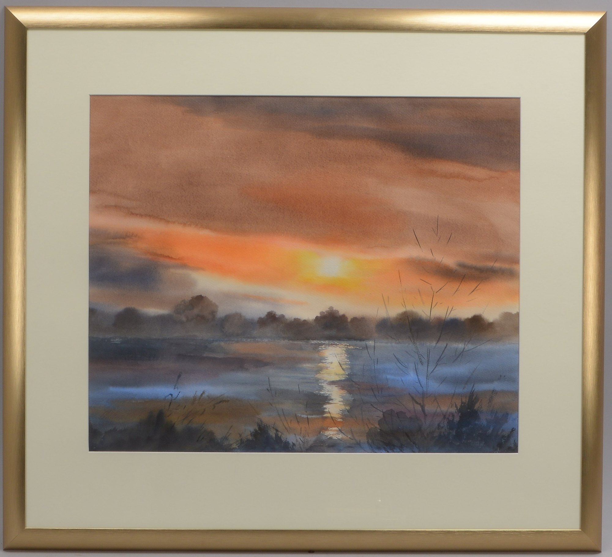 Aquarell (Künstler und Motiv wohl aus dem Ammerländer Raum), 'Seenlandschaft bei Sonnenuntergang'