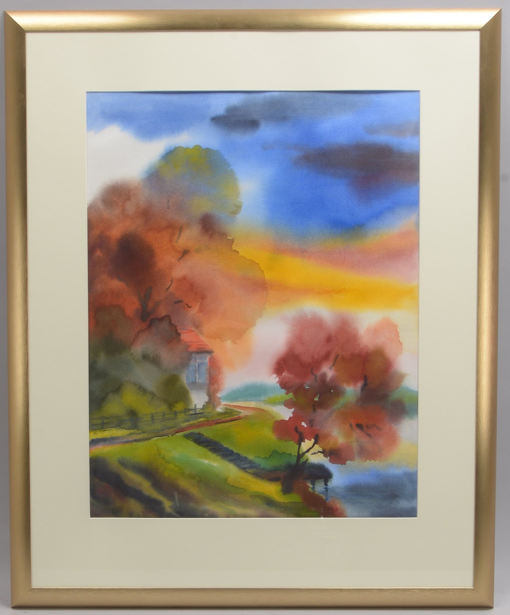 Aquarell (Künstler und Motiv wohl aus dem Ammerländer Raum), 'Haus am Seeufer', unten links signiert