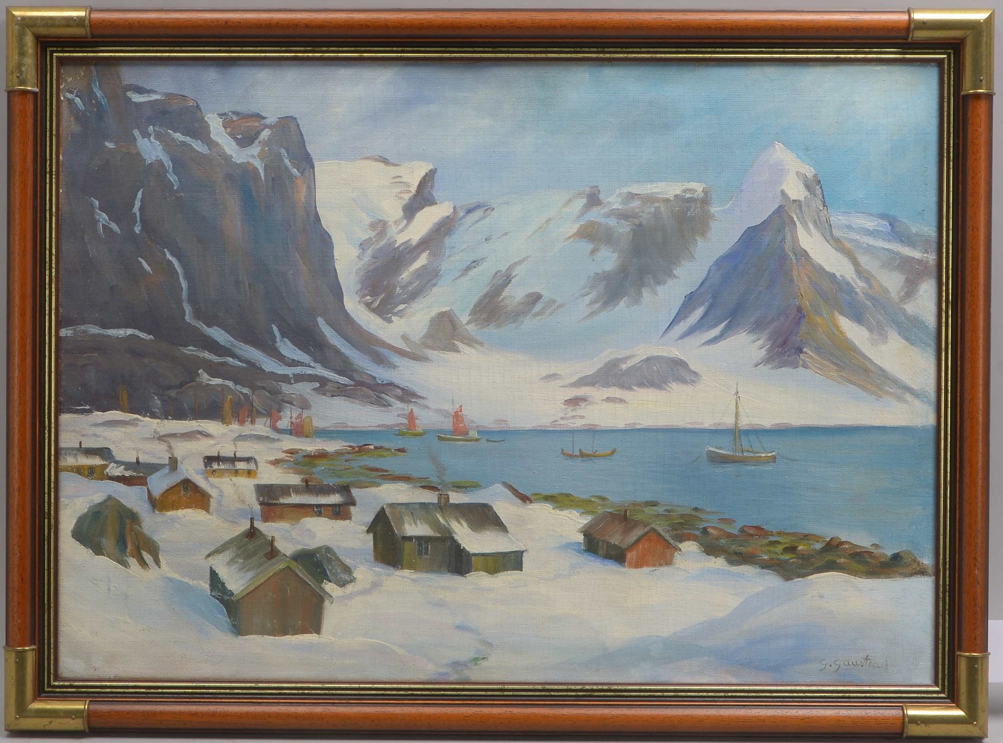 Gemälde, 'Norwegische Fjordlandschaft', Öl/Lw, unten rechts (nicht eindeutig leserlich) signiert