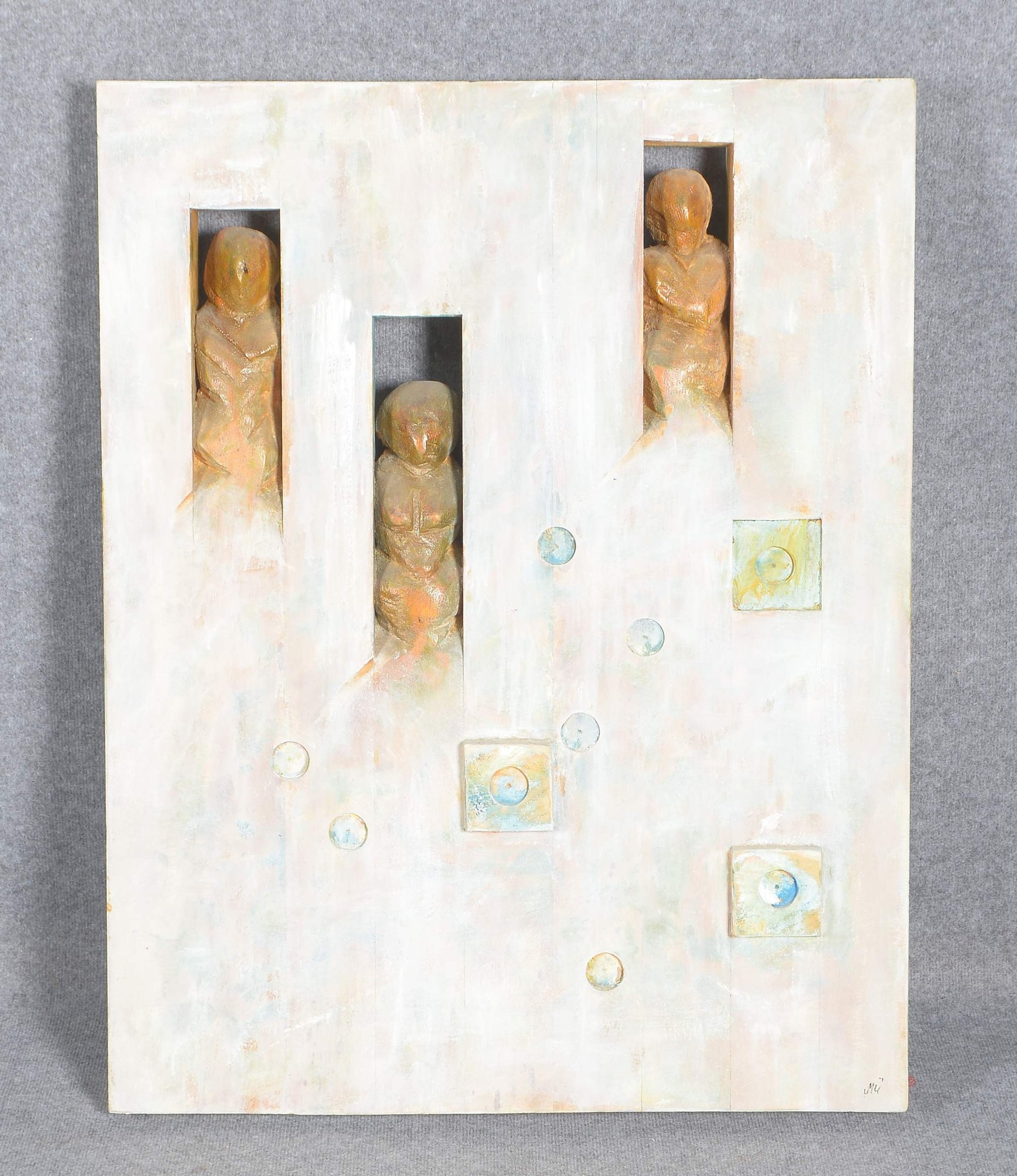 Müller, Hans-Joachim (*1952 Donaueschingen), Wandbild, Holz, 'Drei Personen', plastische Darstellung