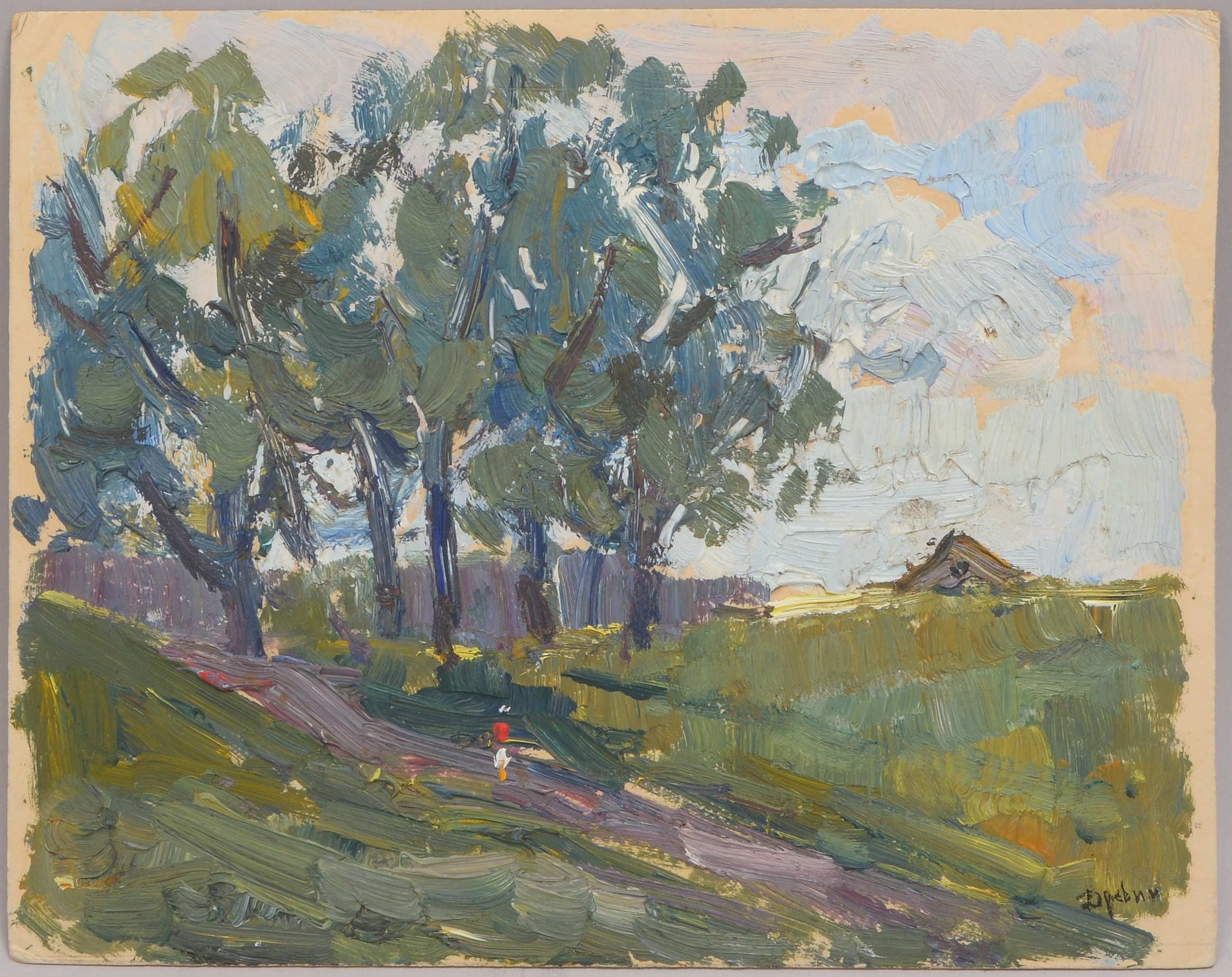 Drevin, Alexander (1889 - 1938) zugeschrieben, 'Sommerlandschaft mit Spaziergänger', Öl auf Malpappe