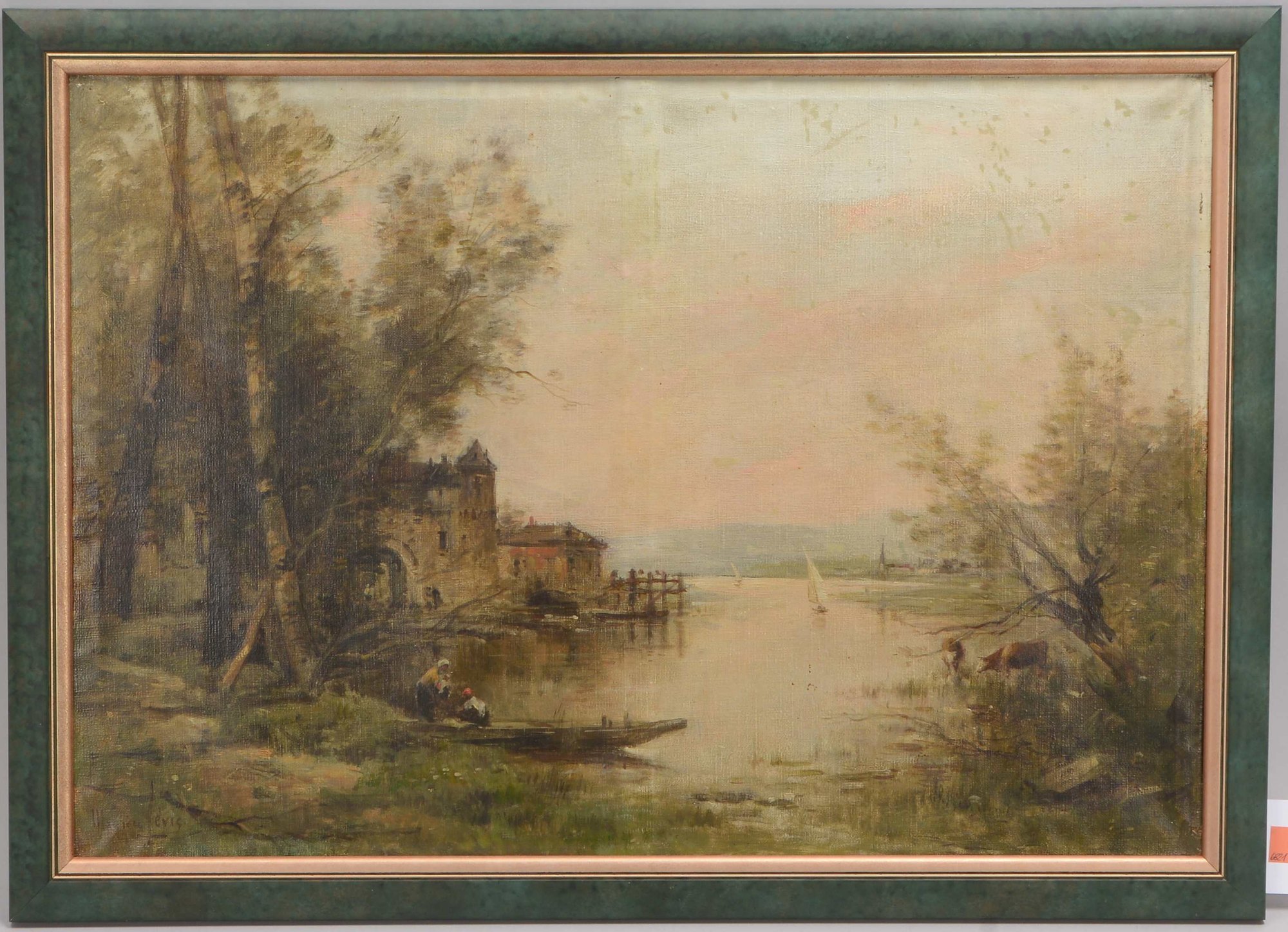 Lévis, Maurice (1860 - 1940), 'Romantische Seenlandschaft mit Boot und Kühen', Öl/Lw, signiert