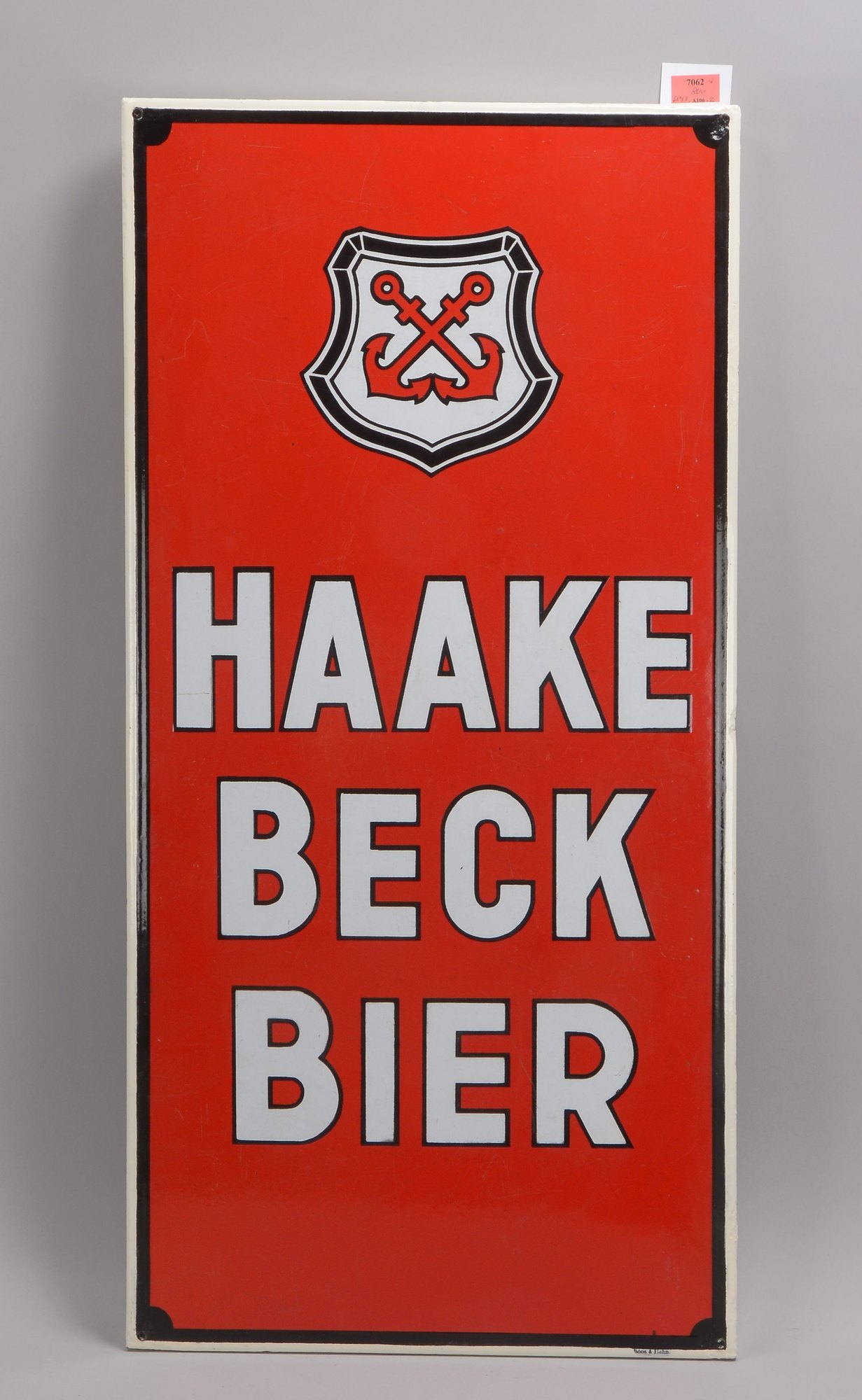 Großes Sammler-Werbeschild, 'Haake Beck Bier', Emaille, an Holzrahmen montiert; Maße 48 x 98 cm