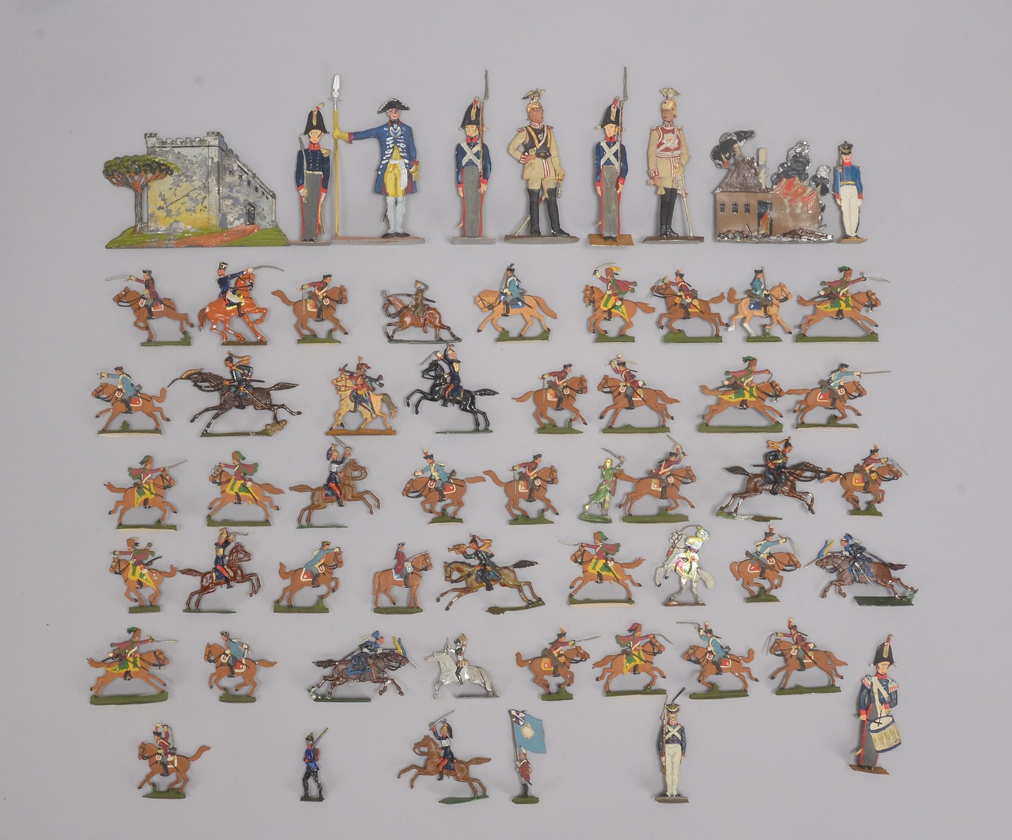 Zinnfiguren-Sammlung, verschiedene Figuren/Motive und Größen, mit Bemalung: vorwiegend 'Kavallerie'