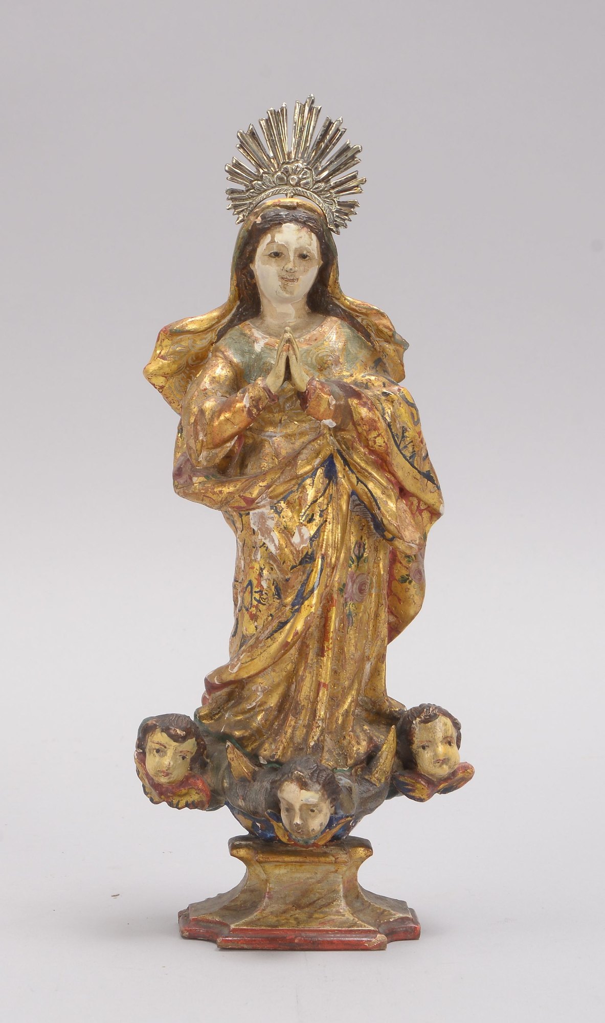 Heiligenfigur (wohl Südamerika), antik, 'Madonnendarstellung', mehrfarbig gefasst/goldstaffiert