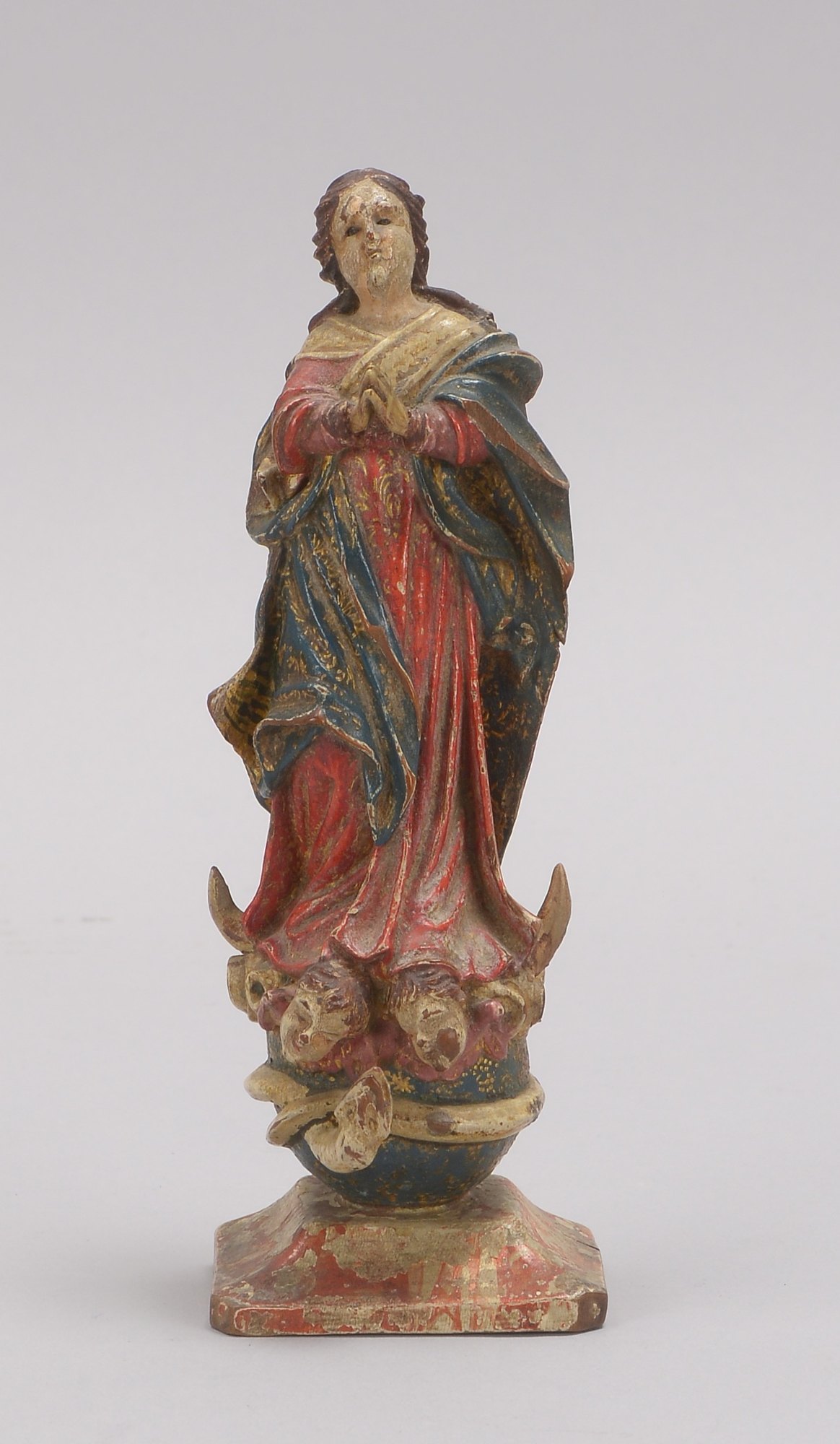 Heiligenfigur (wohl Südamerika), antik, 'Madonnendarstellung', Figur mehrfarbig gefasst; Höhe 17 cm