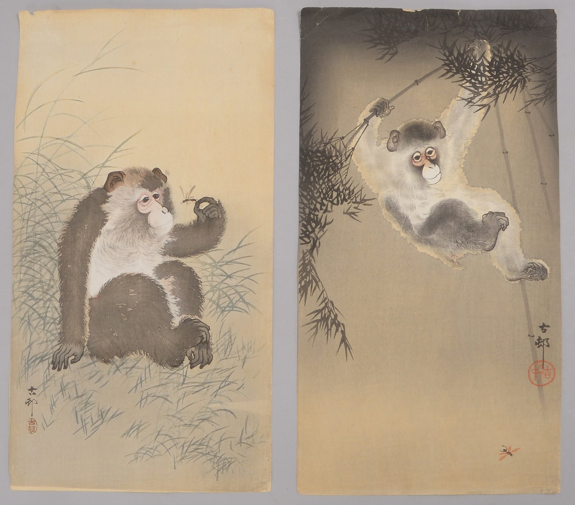 Koson, Ohara (Japan), 2 Farbholzschnitte, 'Affen in Landschaft', signiert und mit Siegel, ungerahmt