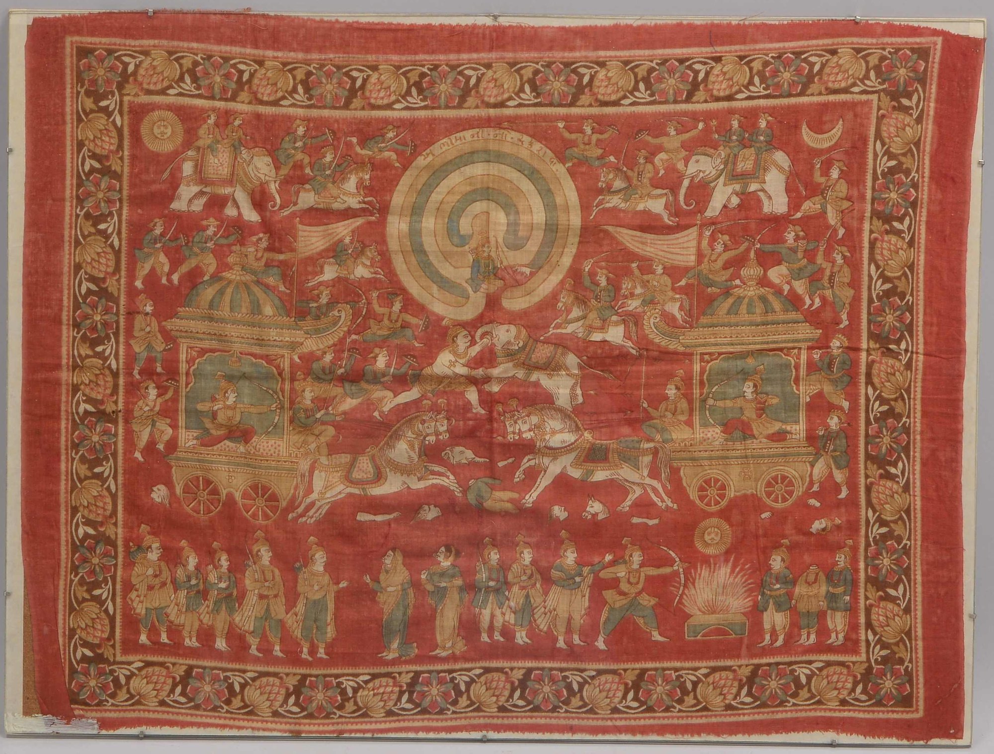 Handdruck (Indien, antik), 'Kampfszenen mit Personen und Tieren', hinter Glas gerahmt