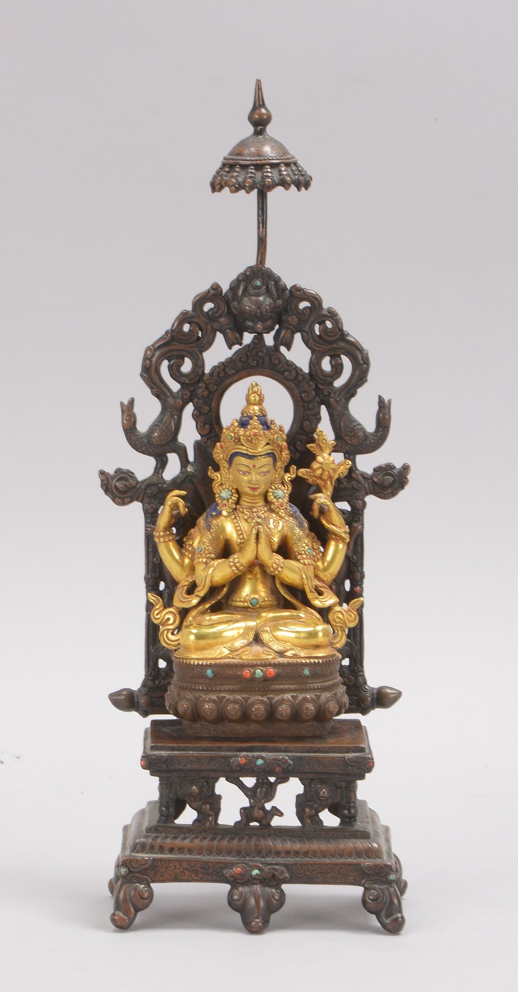 Antike Bronzefigur (Tibet), 'Tara-Buddha auf Thron', Bronze teilvergoldet, weibliche 'Bodhisattva'