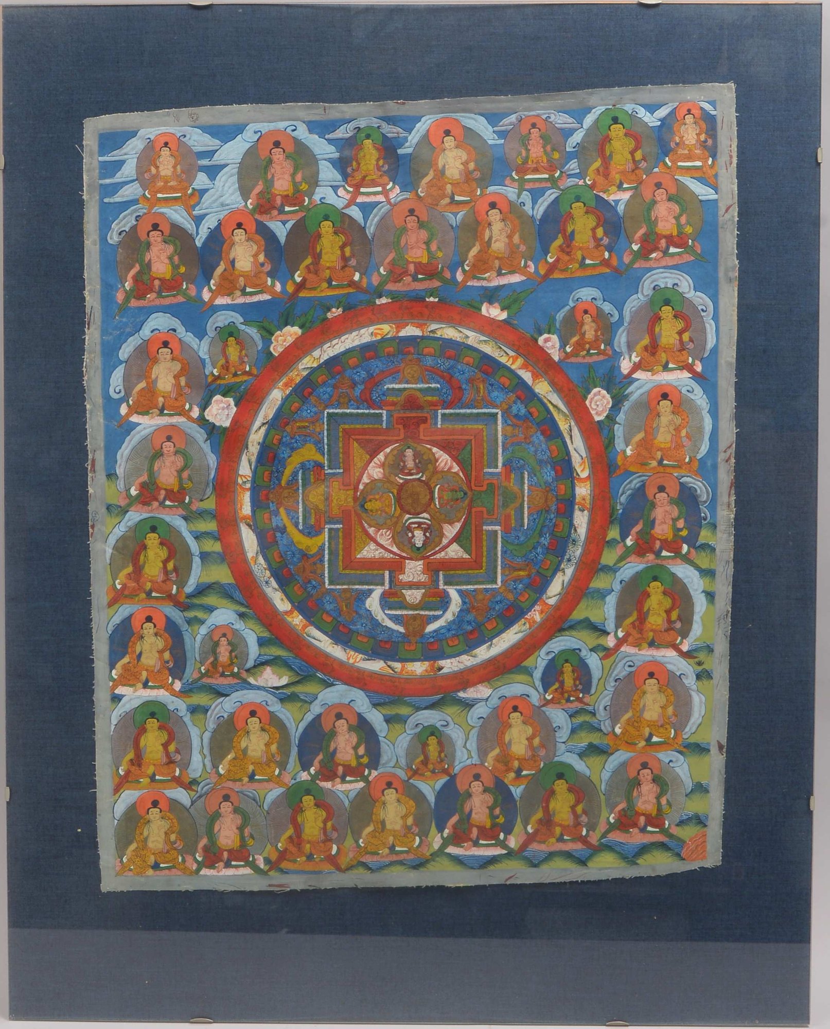 Buddhistischer Thangka, zentrales 'Bardo-Mandala' umlaufend von 39-fachen 'Gottheiten'-Darstellungen