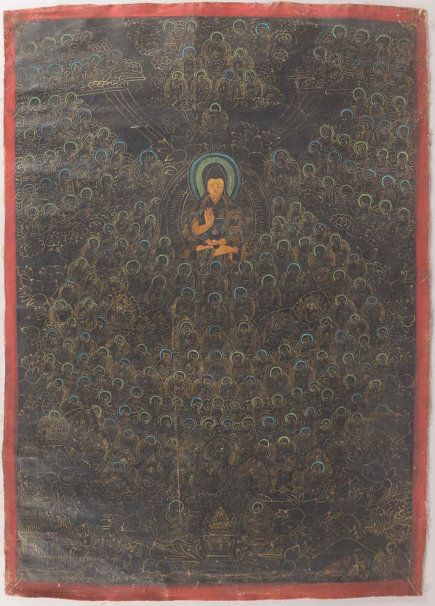 Thangka (Tibet), alt, Malerei auf Leinwand: 'Buddhafigur in Mudrahaltung' als zentrale Darstellung