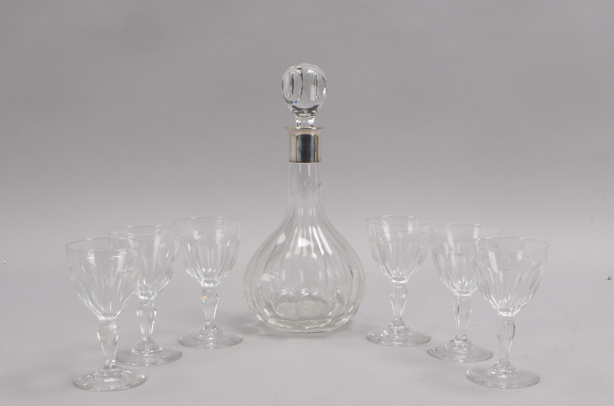 Karaffe, Kristallglas mit 830 Silber-Montierung, mit 6-teiligem Gläsersatz