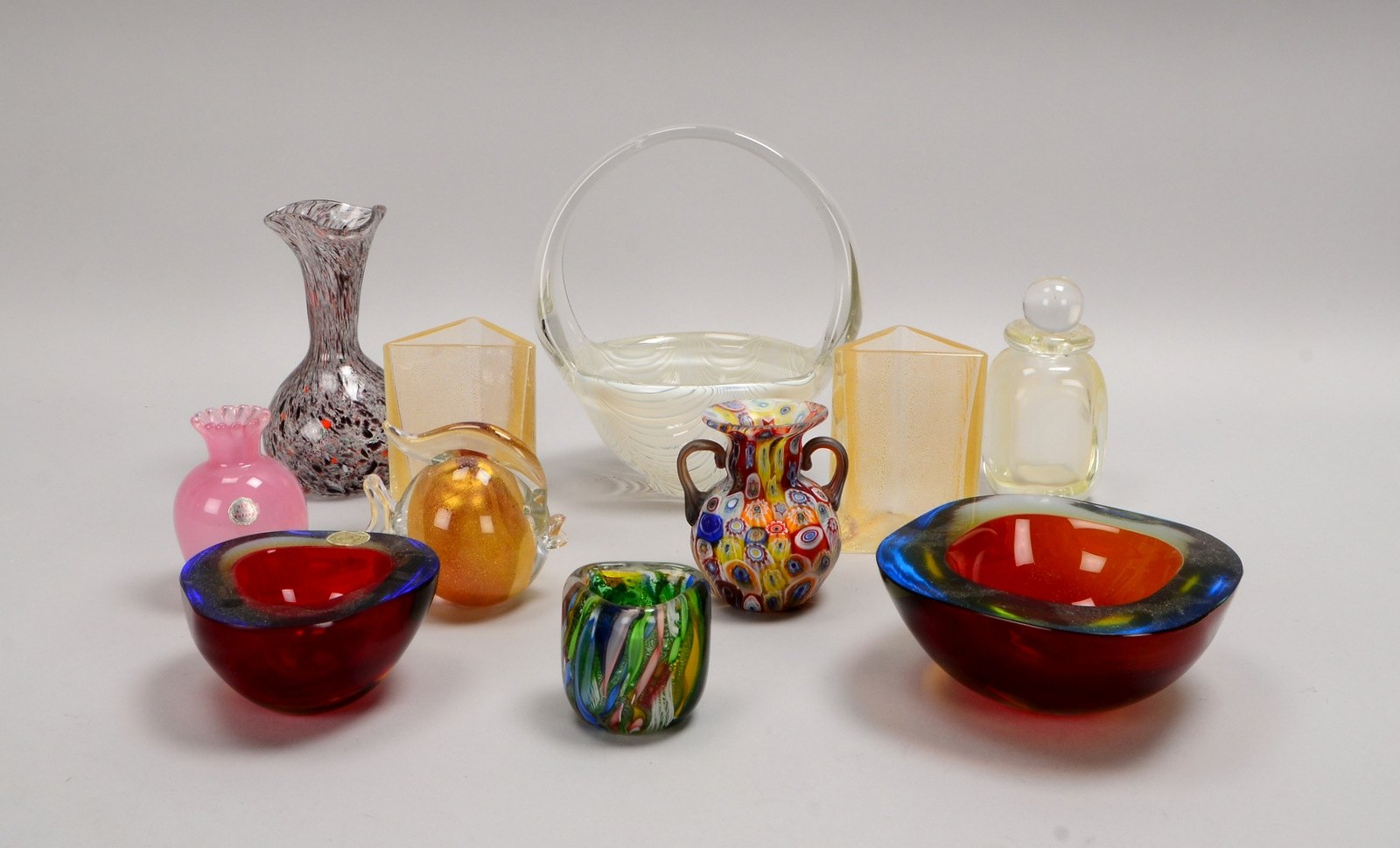 Seguso (Murano), Konvolut Glasobjekte, 4 Teile/davon 2x Gefäße, 1 Flacon, 1 Figur
