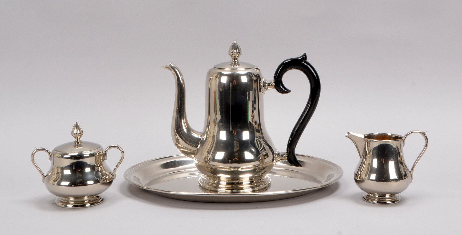 Kallmeyer & Harjes/Gotha, Kaffeekern auf Tablett, 4-teilig, Teile vernickelt/gemarkt