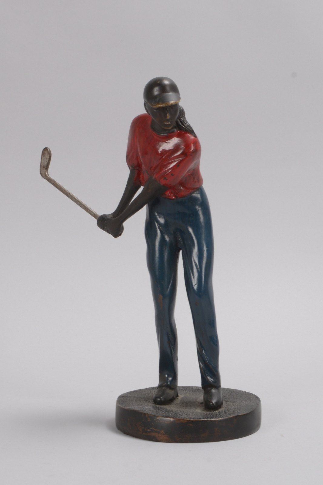 Bronzeskulptur, 'Golfspieler', Figur farbig gefasst; Höhe 28 cm