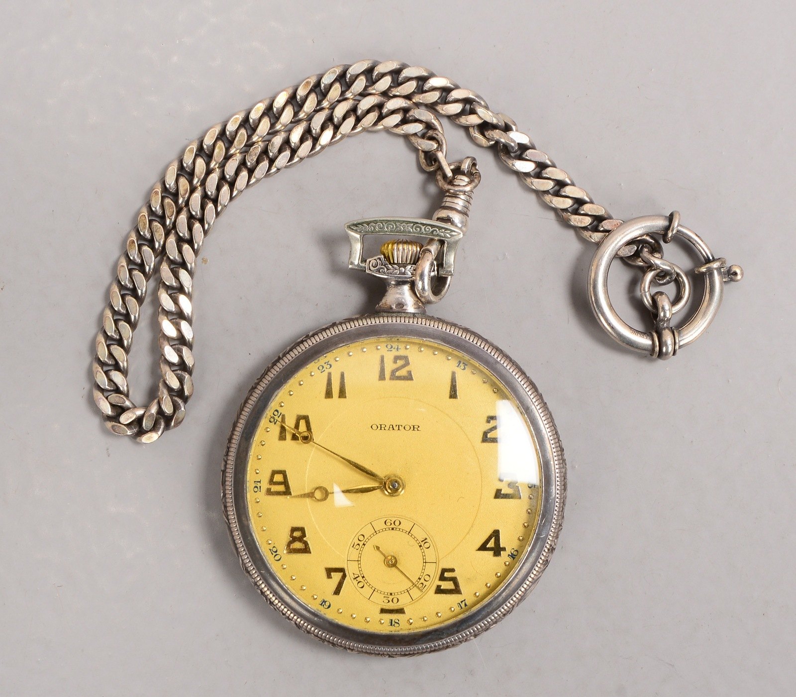 Taschenuhr (Schweiz), 'Orator', 900 Silber, Deckel nielliert/mit Goldreserve