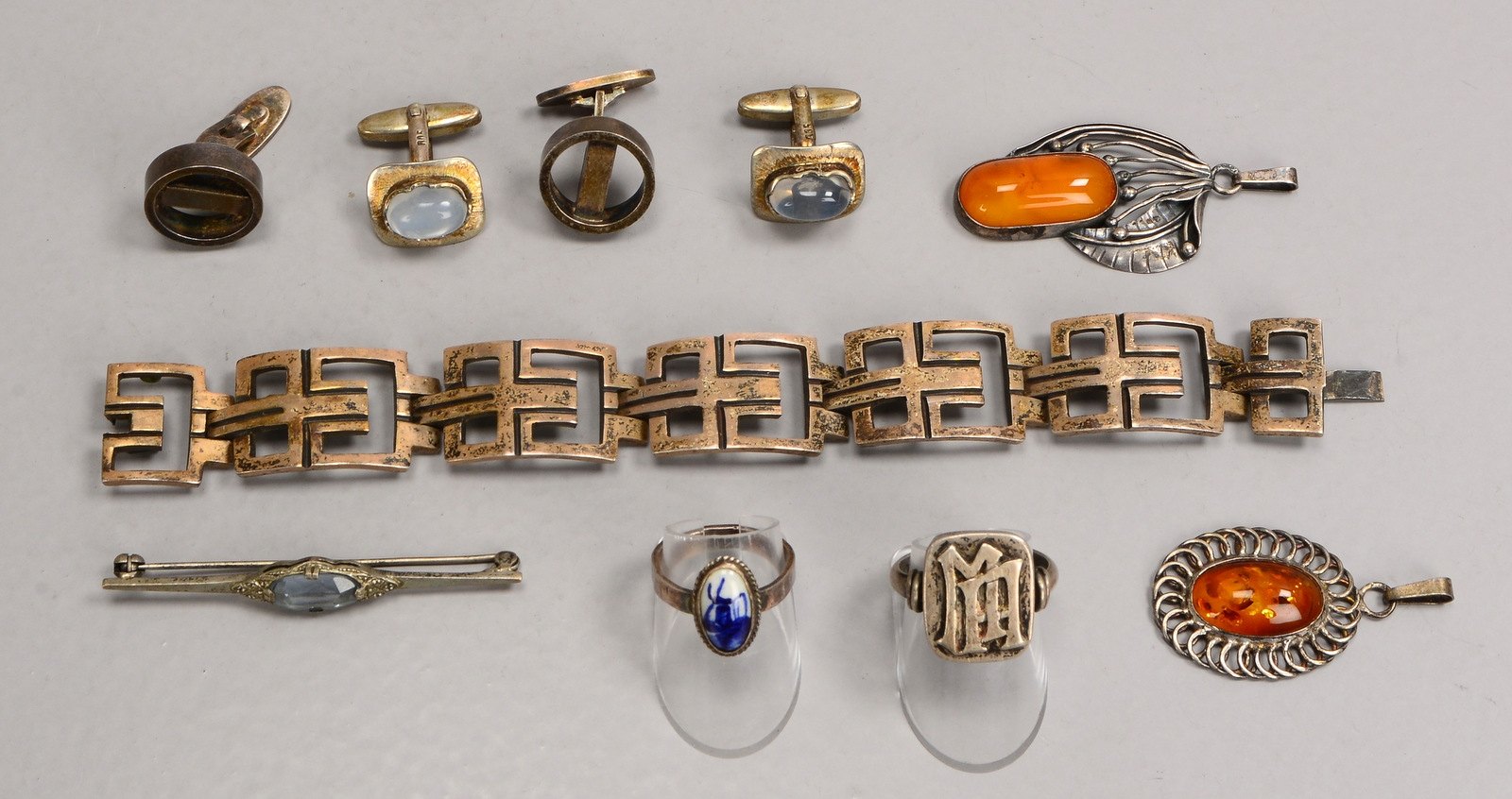 Silberschmuck: Armband, 2 Anhänger, 2 Ringe, Brosche, 2x Manschettenknöpfe