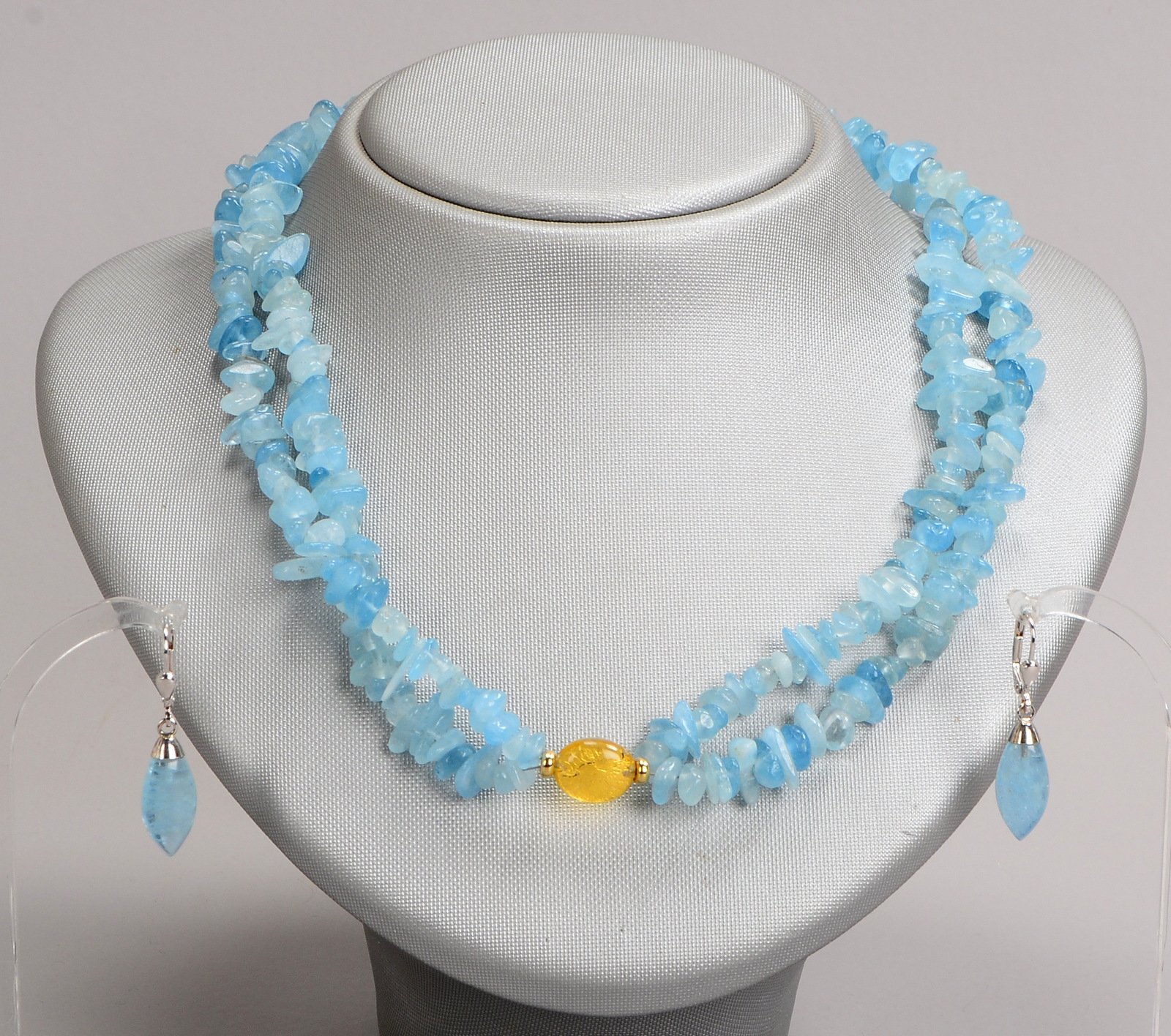 Schmuckset mit Aquamarin, 2-tlg.: Collier mit Bergkristall-Anhänger/Paar Ohrhänger