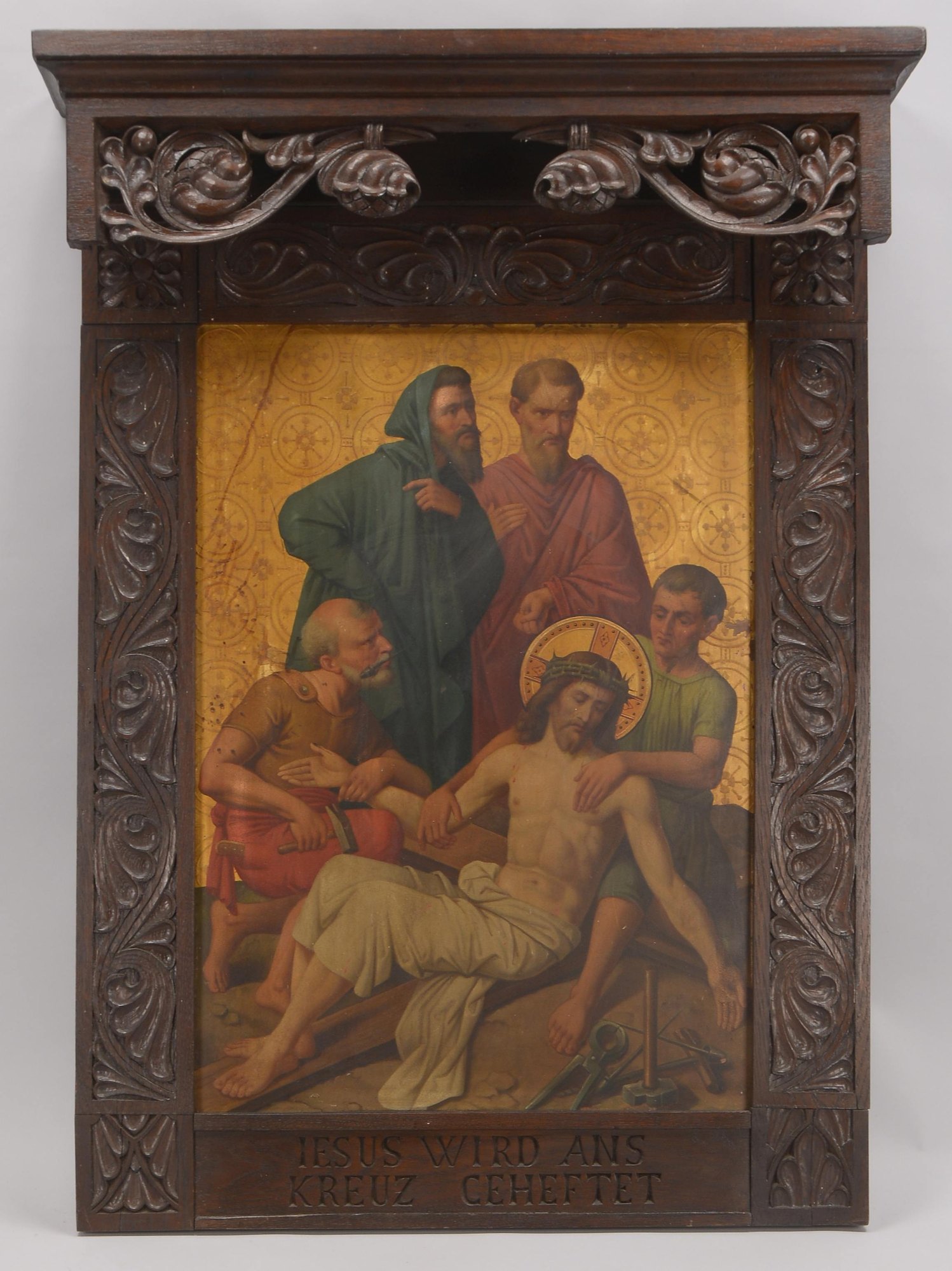 Sakrales Gemälde, 'Christus wird ans Kreuz geheftet', Öl/Metallblech, in Ädikula