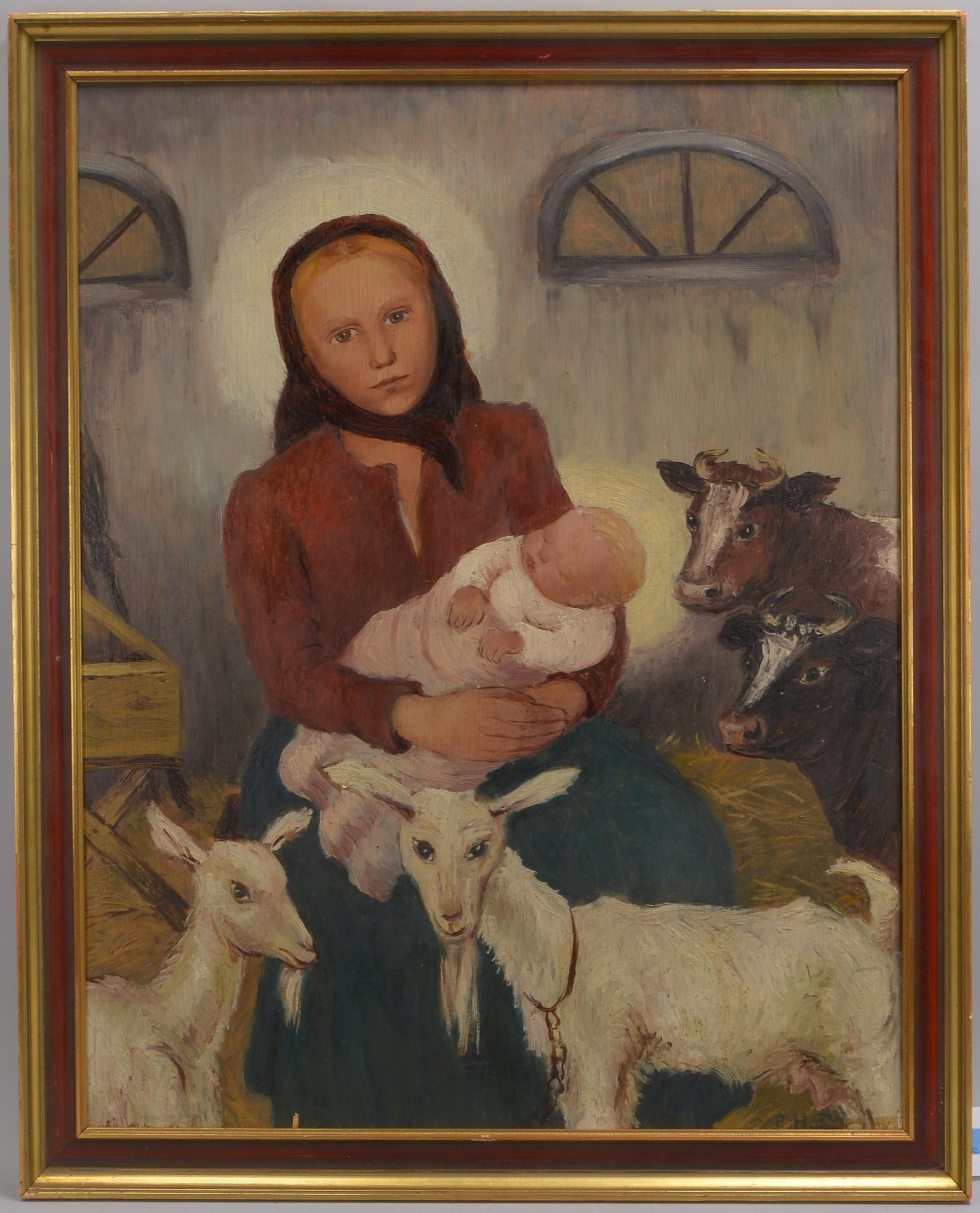 Haensgen-Dingkuhn, Elsa, 'Mutter mit Kind im Stall', Öl/Holz, monogrammiert