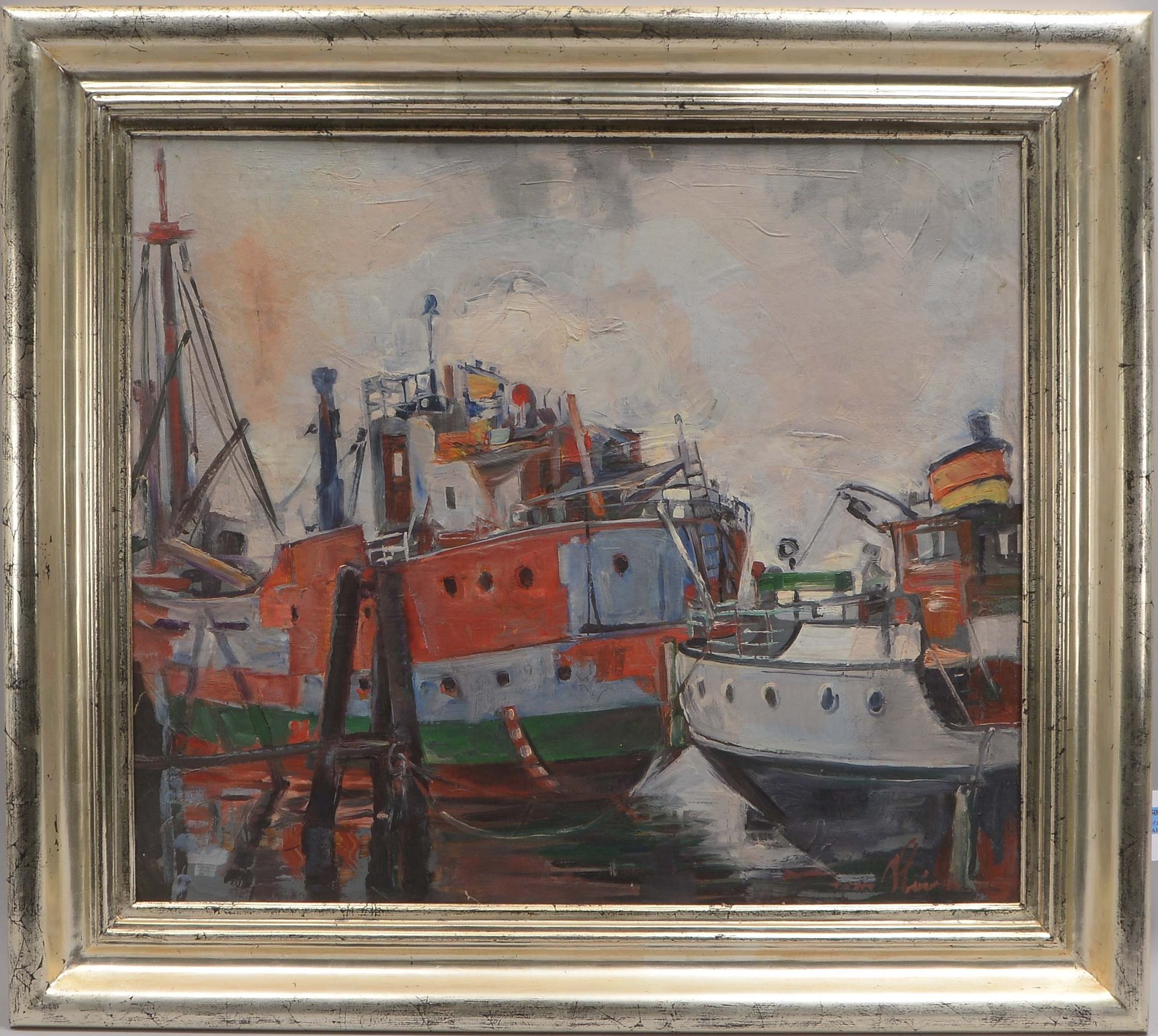 Reimer, Tom (1906 - 1975, Hamburg), 'Schiffe im Hafen', Öl/Holz