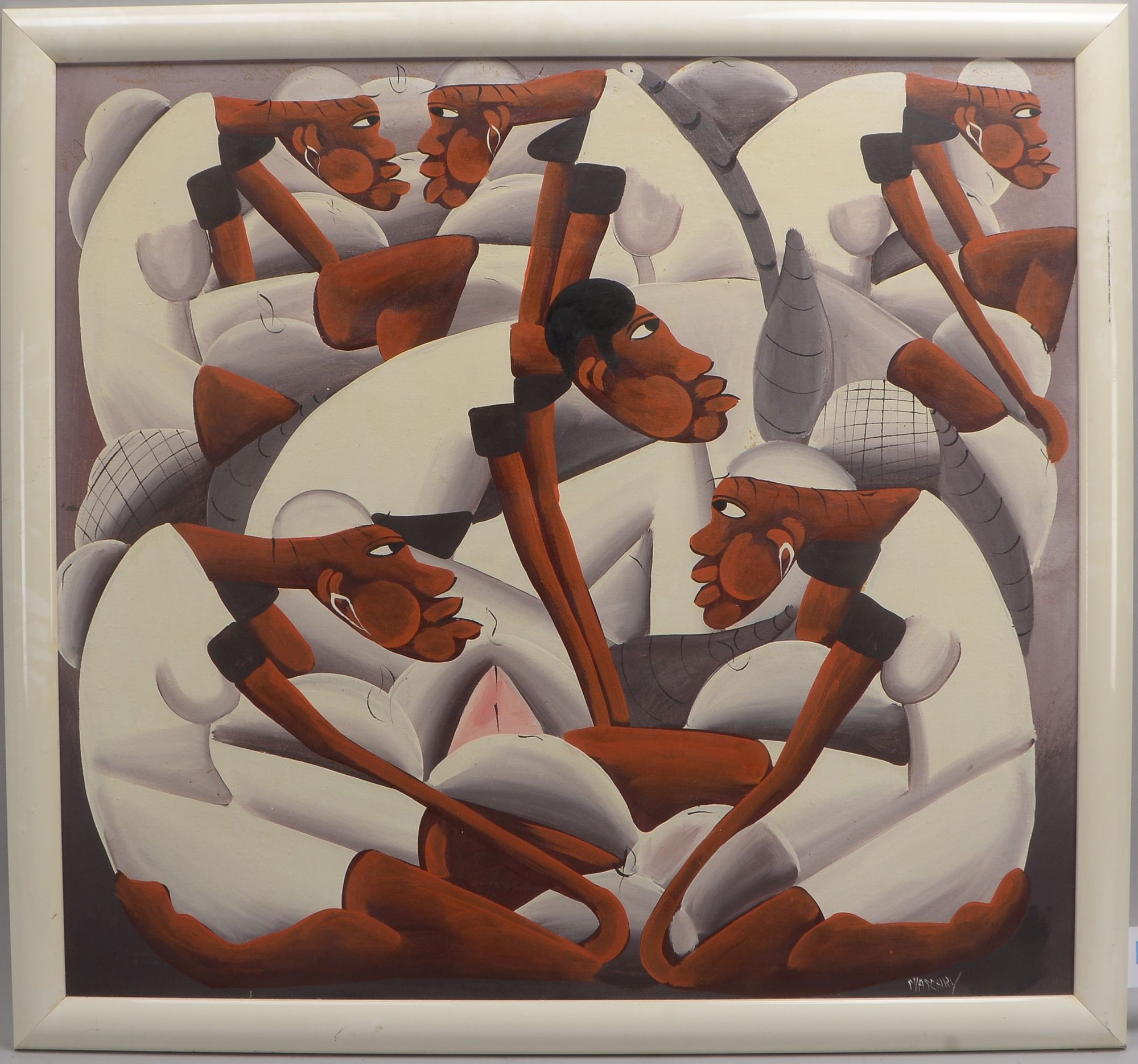 Gemälde, 'Figurenkomposition - Sechs Afrikaner', Acryl/Hf, signiert
