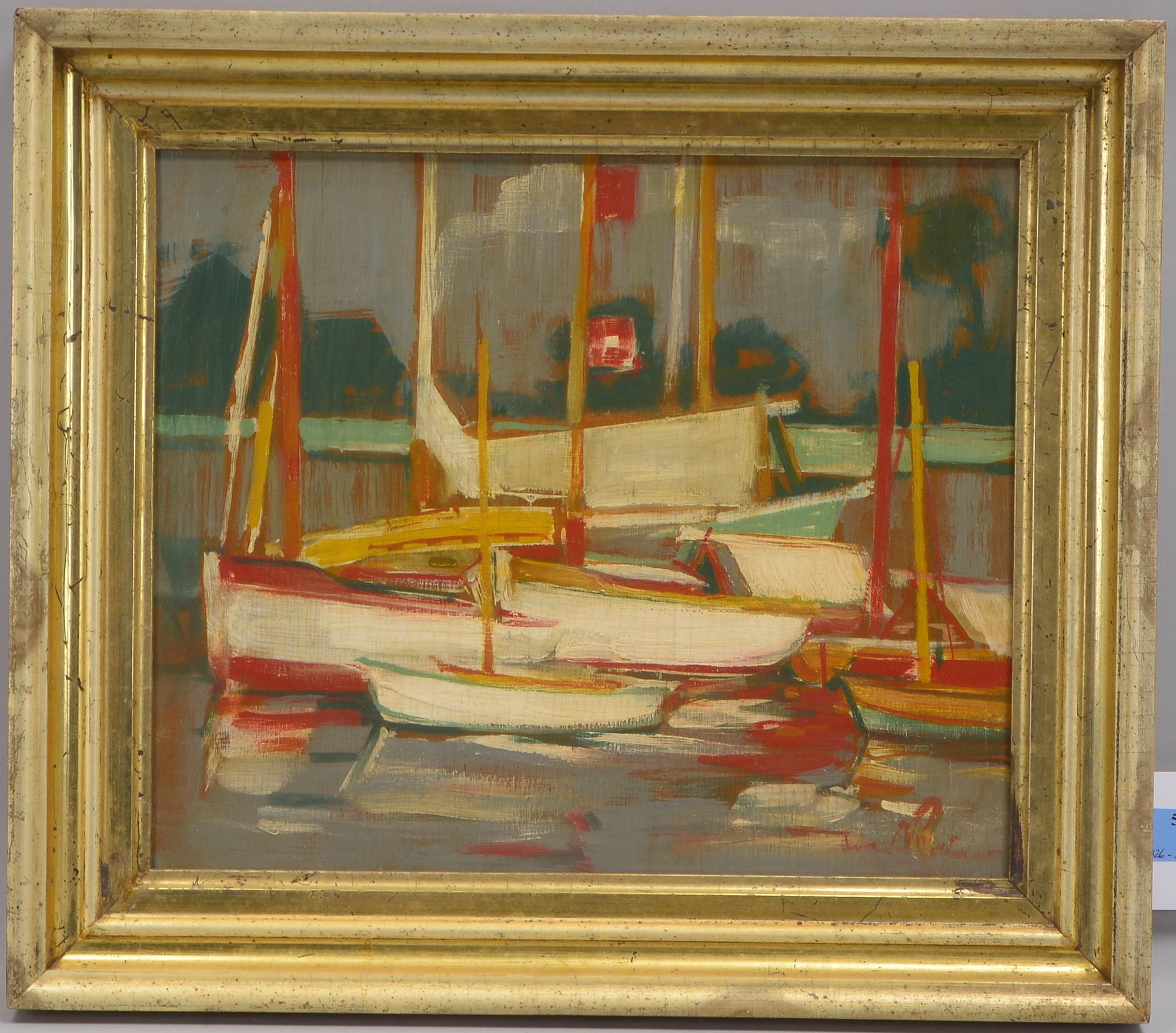 Reimer, Tom (1906 - 1975, Hamburg), 'Boote im Hafen', Öl/Holz