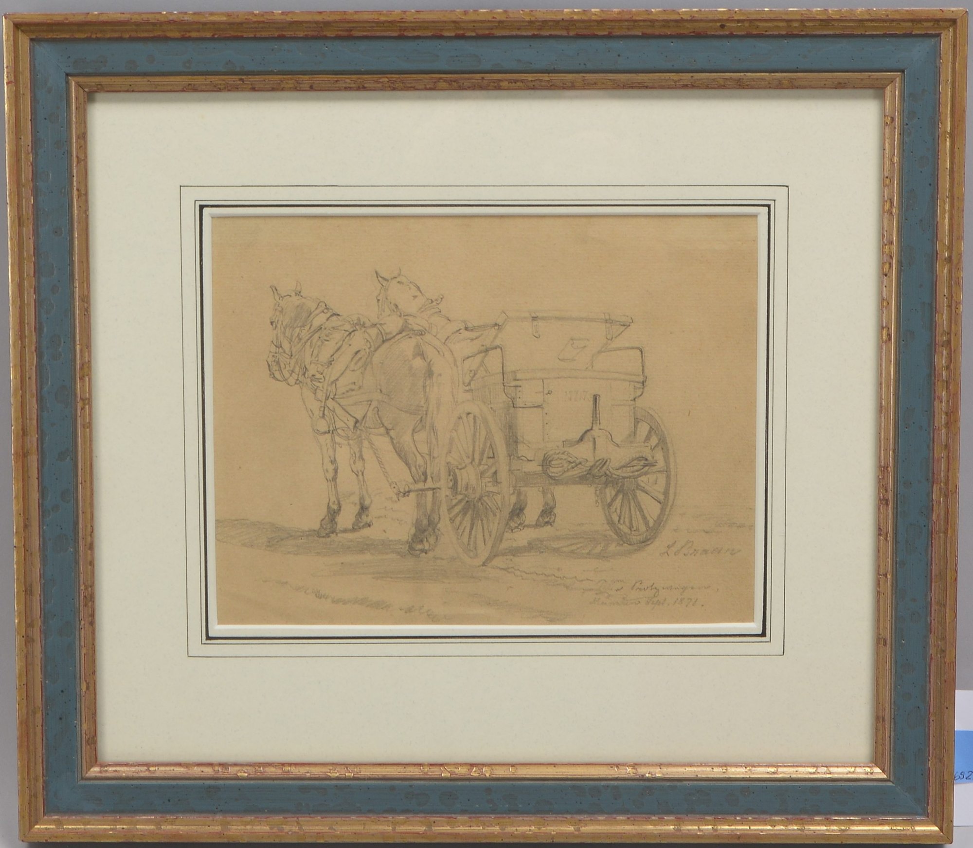 Braun, Louis (1836 - 1916), 'Pferde mit Wagen', Bleistiftzeichnung