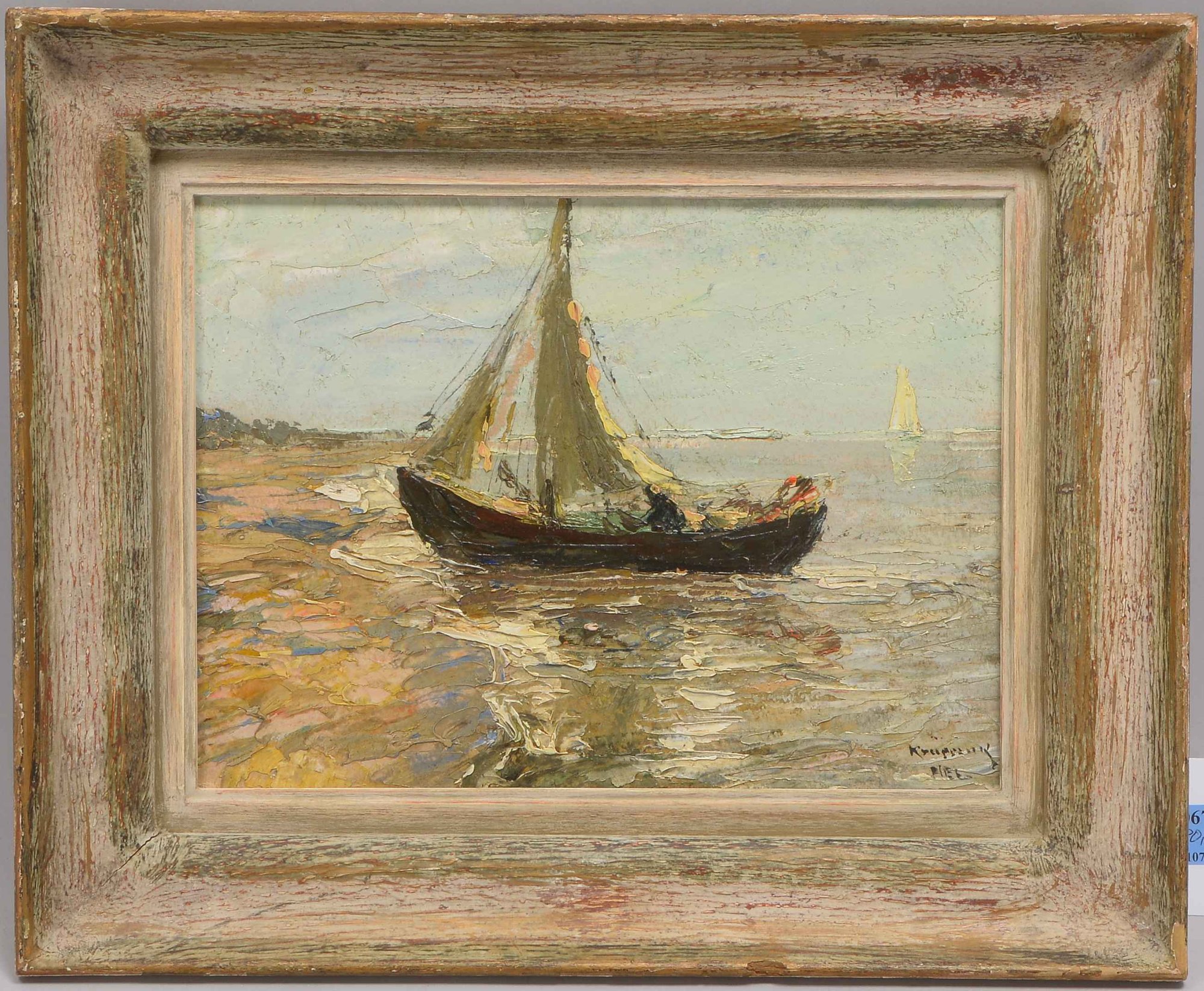 Gemälde, 'Segelboot am Ufer', Öl auf Malkarton/gerahmt, unten re. signiert