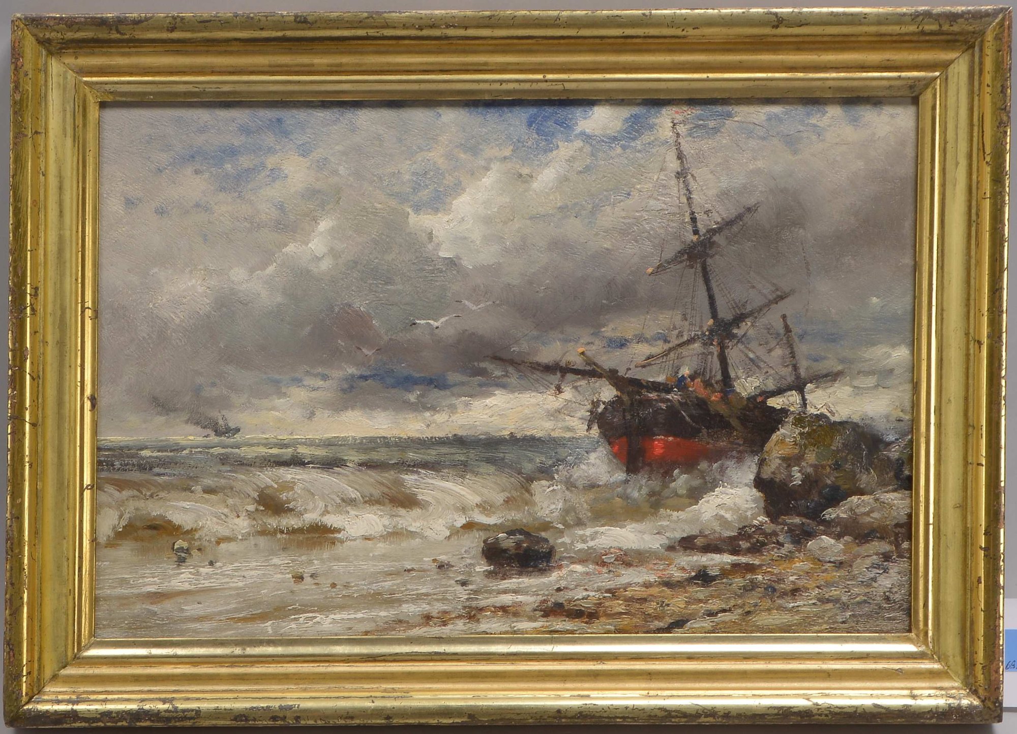 Gemälde, 'Gestrandetes Segelschiff', Öl auf Malplatte/gerahmt, unsigniert