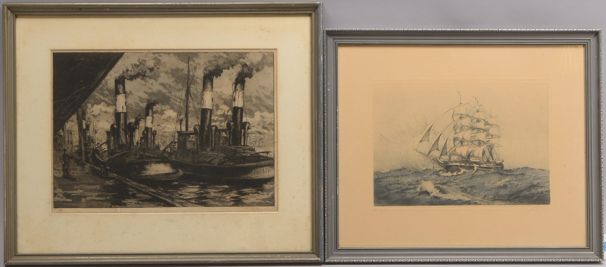 2 Radierungen, jeweils signiert: 'Hamburger Hafen', und 'Dreimaster'