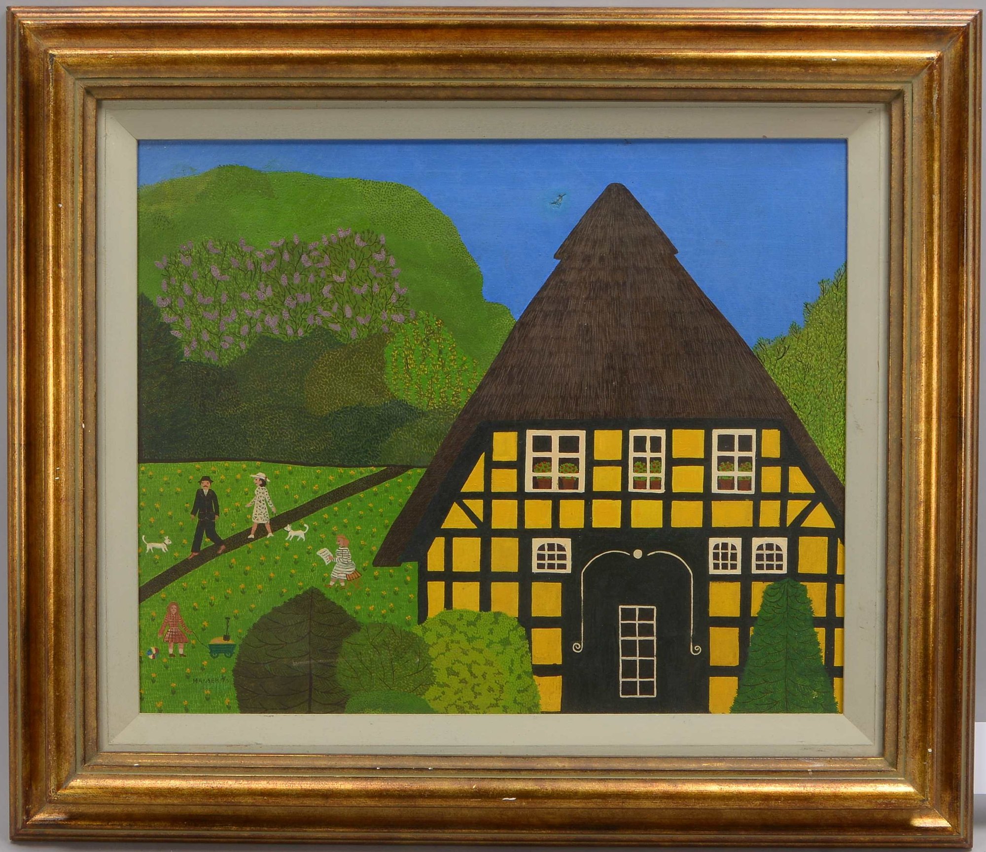Manser, Albert, 'Bauernhaus mit Personen' - naive Darstellung, Öl/Lw, sign.