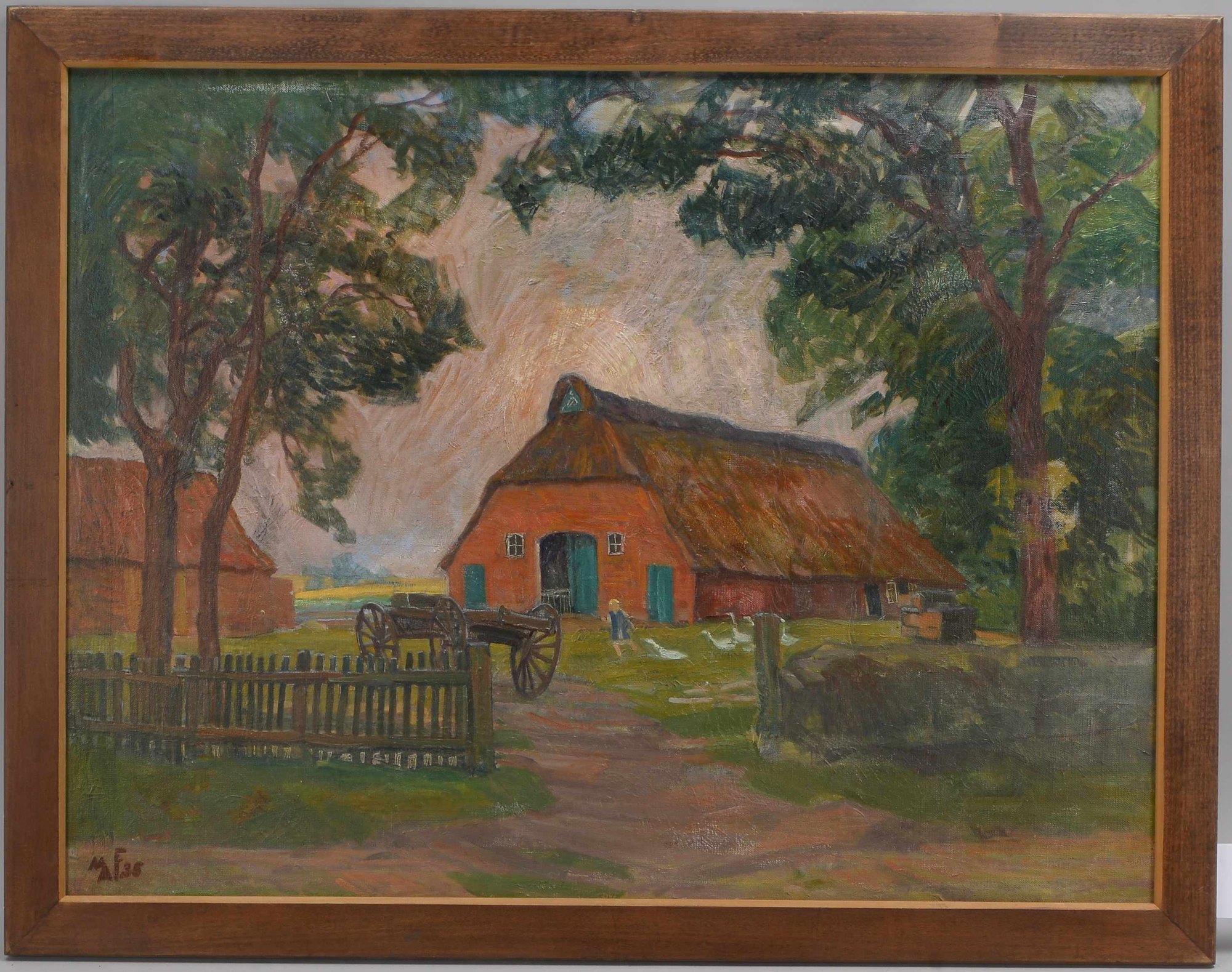 Monogrammist MAF, 'Bauernhäuser mit Personen und Gänsen', Öl/Lw
