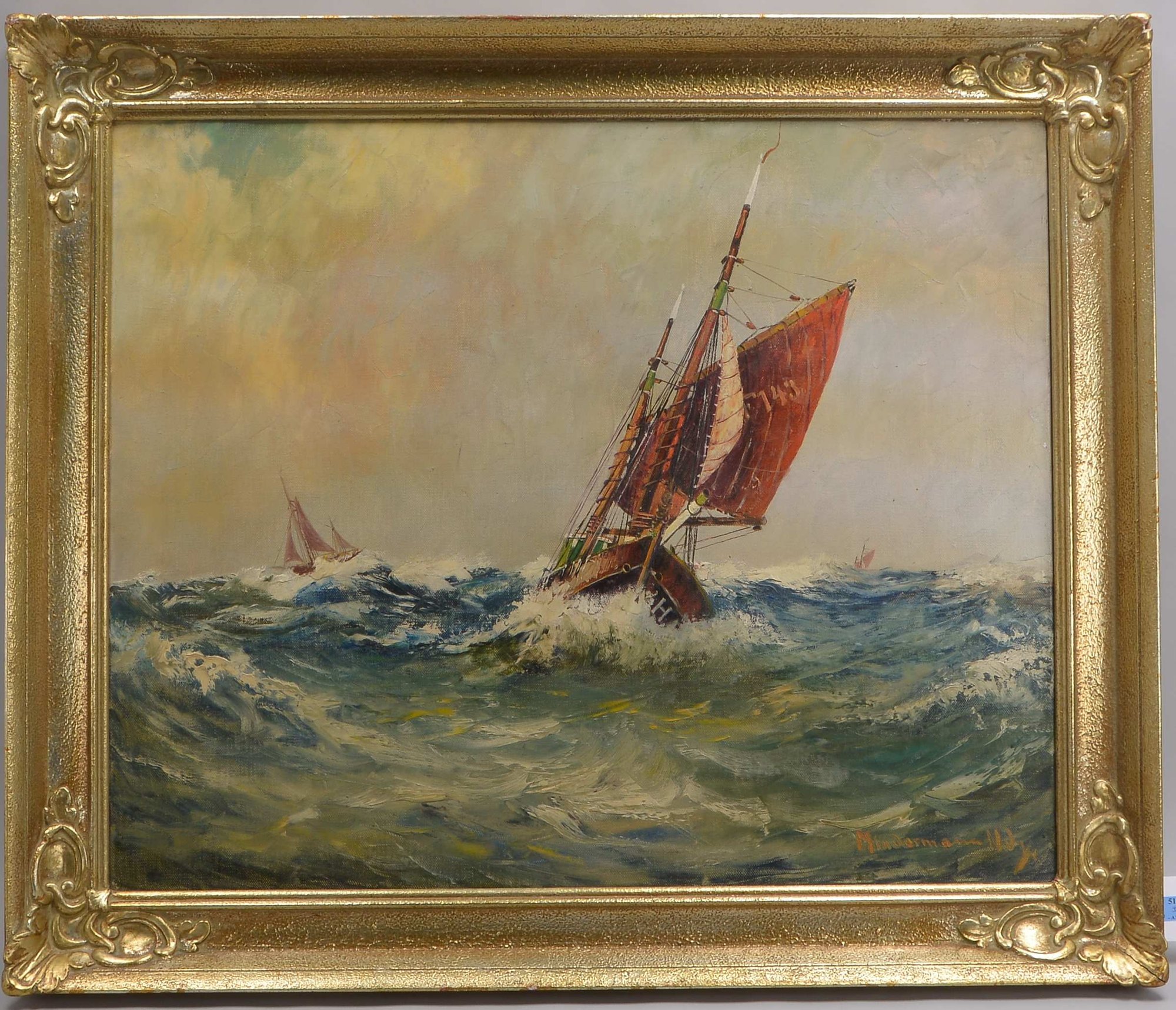 Mindermann, Heinz (1872 - 1959), 'Kutter in schwerer See', Öl/Lw, signiert