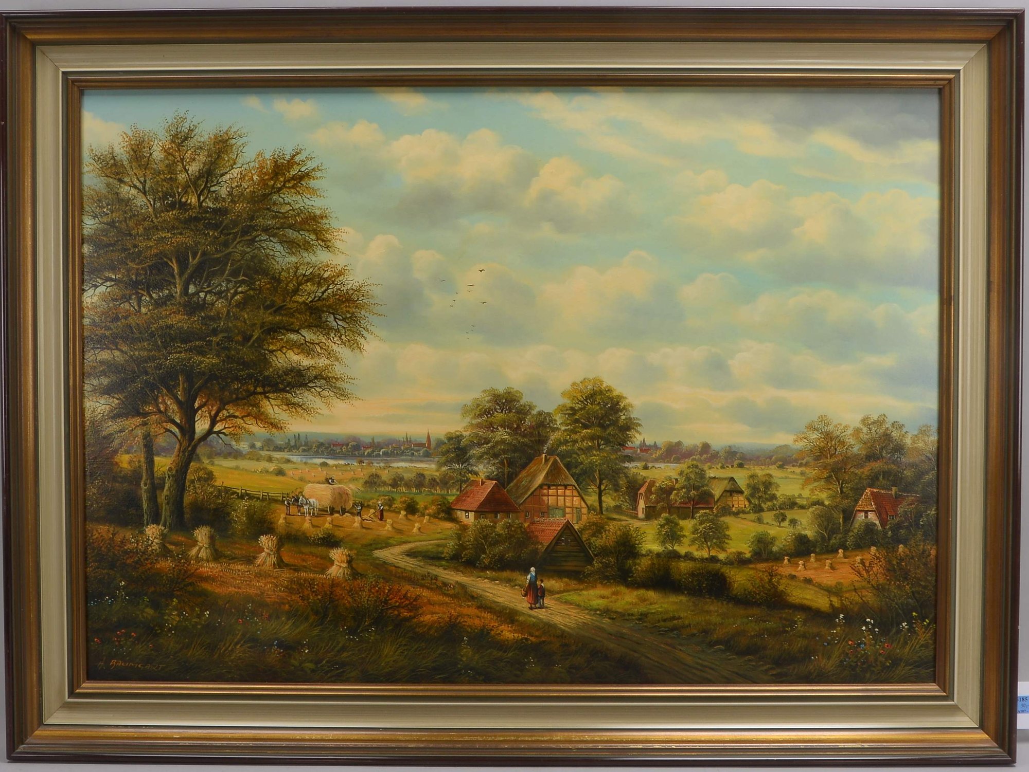 Baumgart, Horst (*1932 Kraftborn), 'Gehöft in weiter Landschaft', Öl/Lw