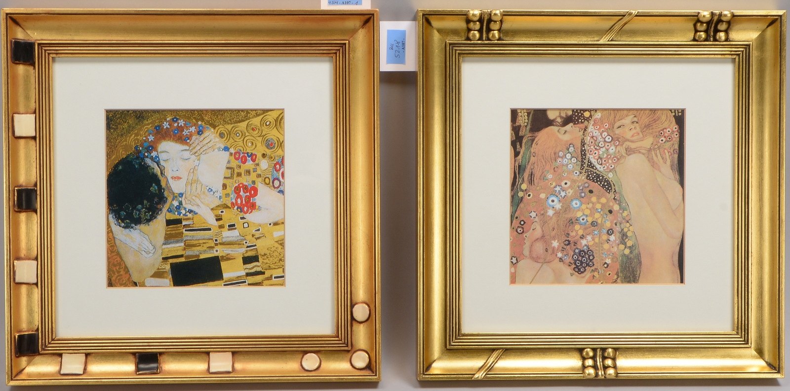2 Bilderrahmen (Unikatrahmen - in Jugendstil-Gestaltung), mit Klimt-Druck