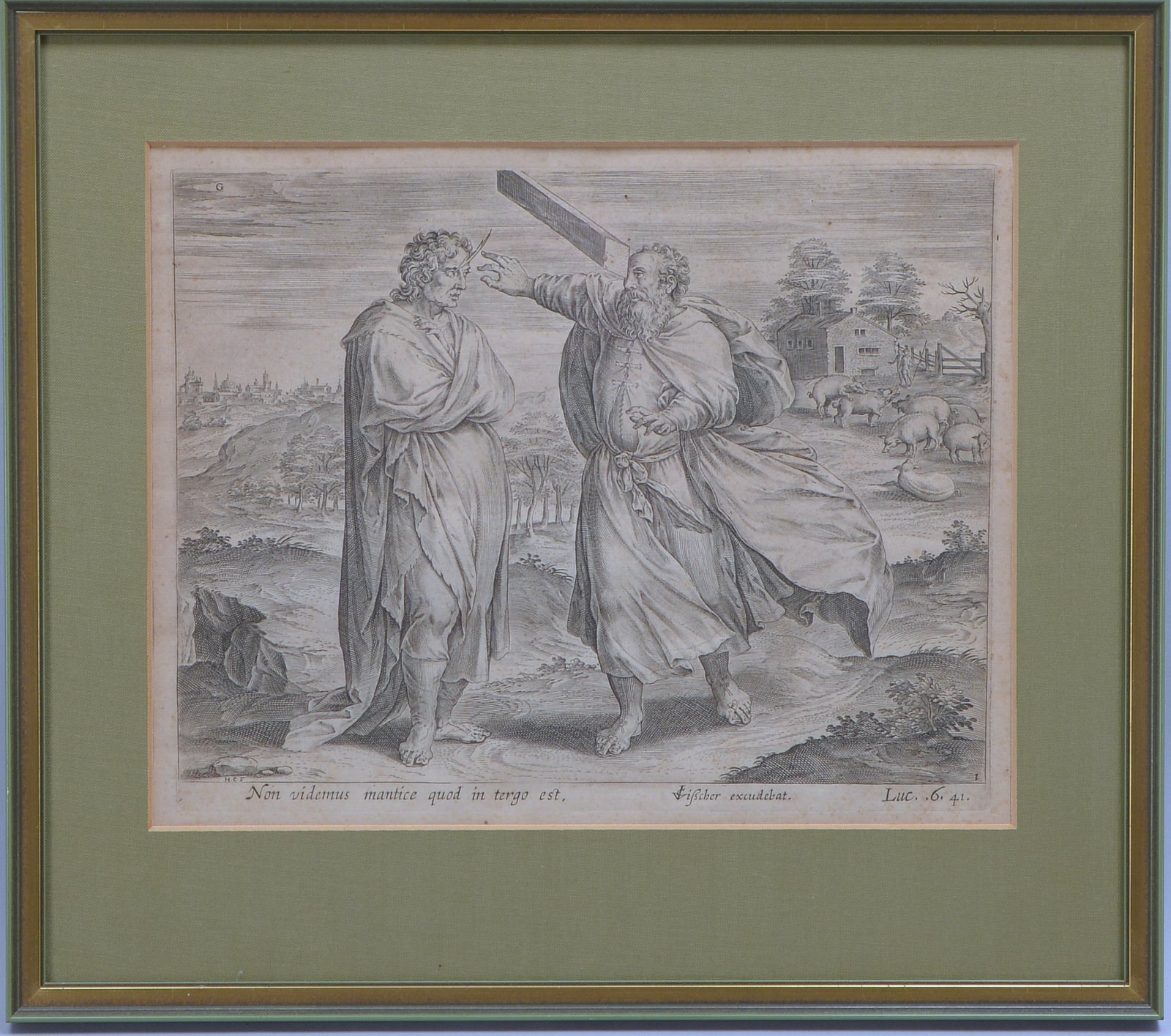 Bibl. Kupferstich (ca. 1600), 'Das Gleichnis vom Splitter und Balken'