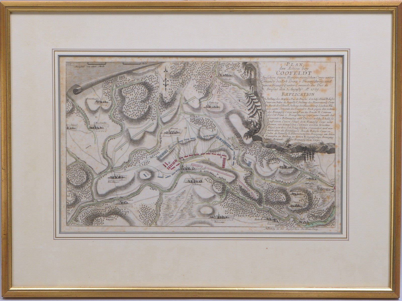 Histor. Karte, 'Plan der Action bey Coofeldt (1759)', altkol. Kupferstich/ger.