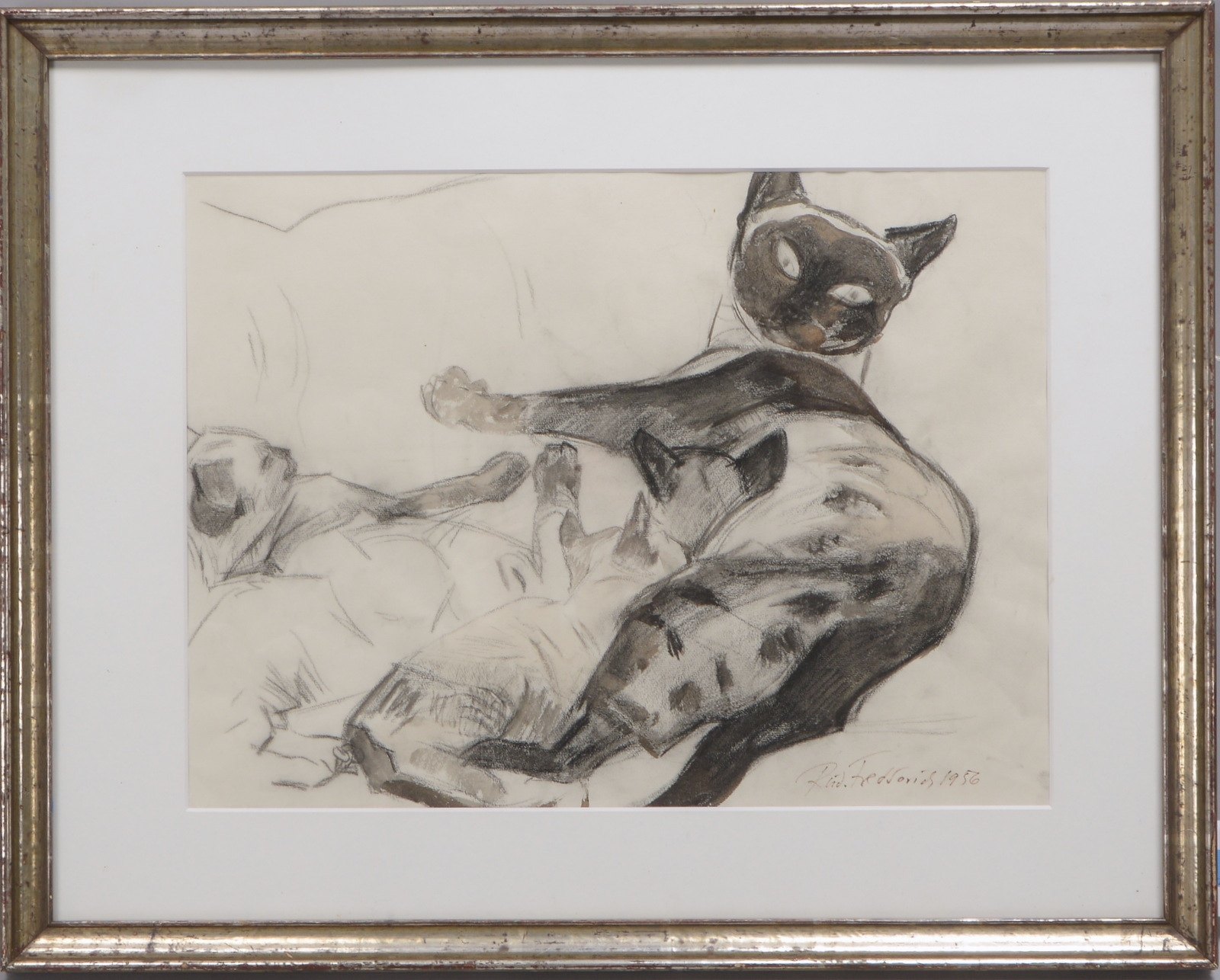 Fredderich, Rudolf, 'Siamkatze mit Kitten', Kohlezeichnung/teils aquarelliert