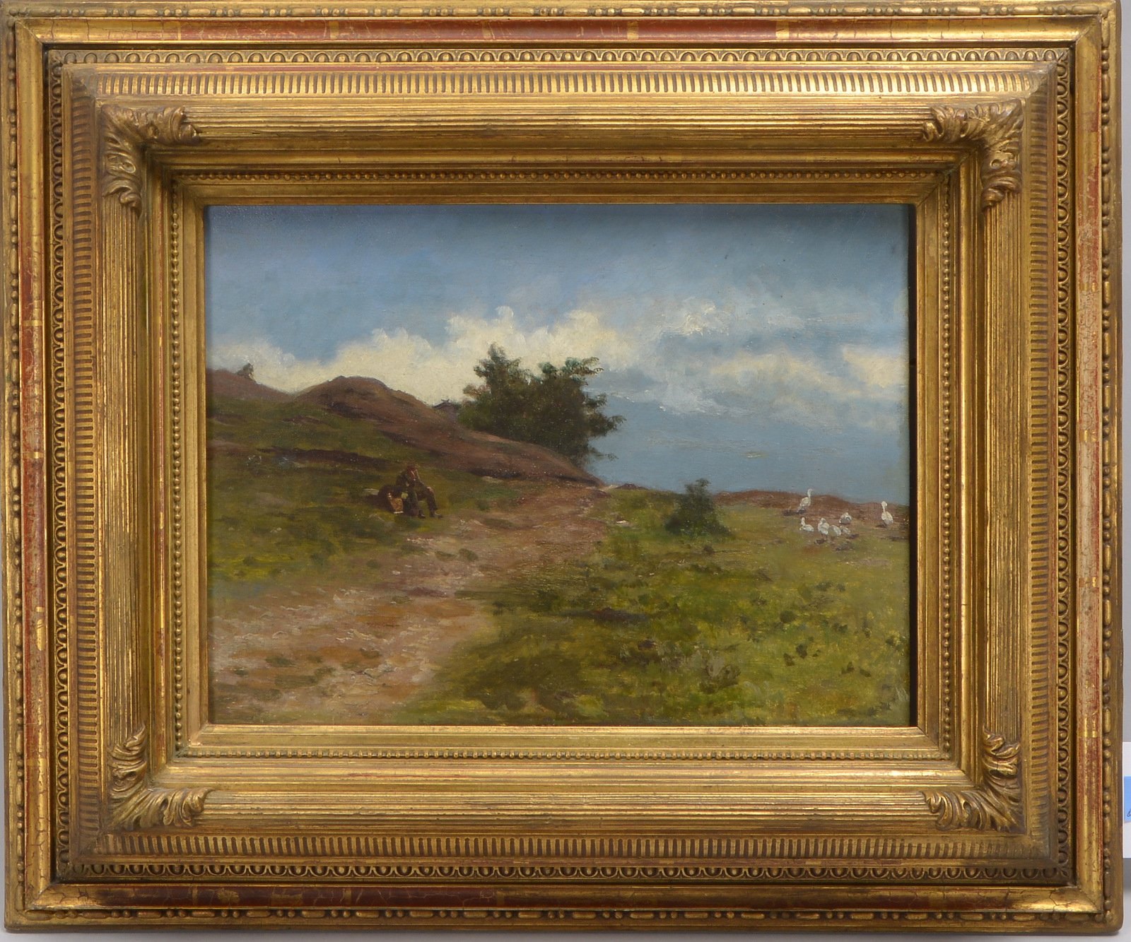 Gemälde (wohl Weimarer Schule), 'Rhönlandschaft mit Hirte', Öl/Holz