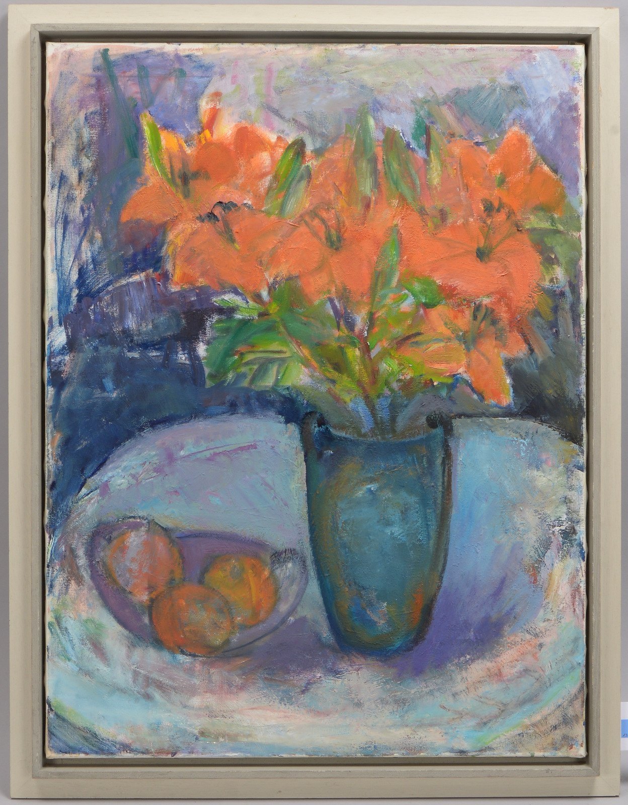 Rutenberg, Renate, 'Tischstillleben mit Lilien in Vase und Obst', Öl/Lw