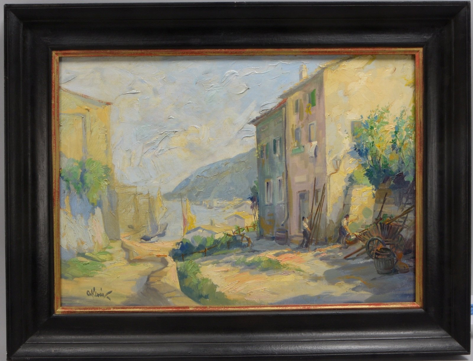 Gemälde, 'Mediterrane Dorflandschaft', Öl/Lw, unten li. signiert; Bildmaße 47,5 x 67,5 cm