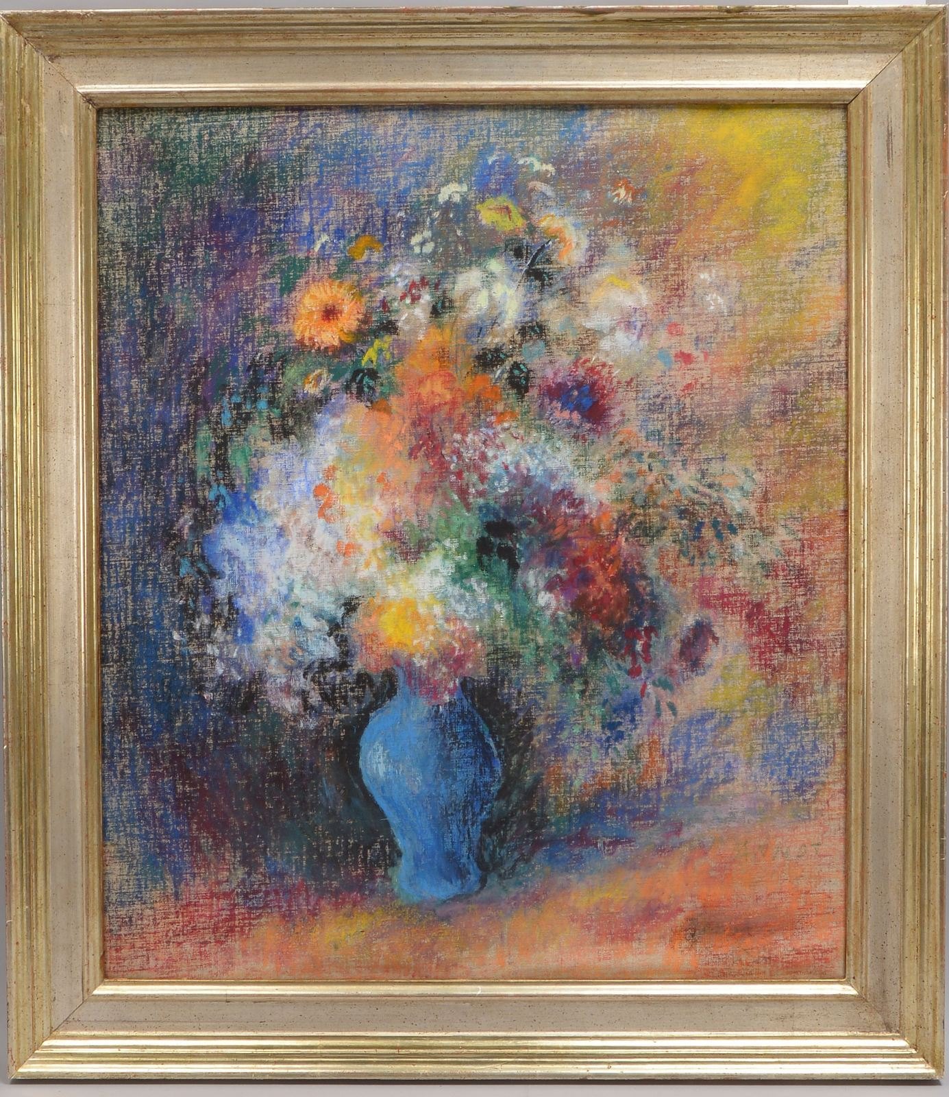 Zwiebel, Alfred, 'Bunter Blumenstrauß in blauer Vase', Pastellkreide, unte re. sign.