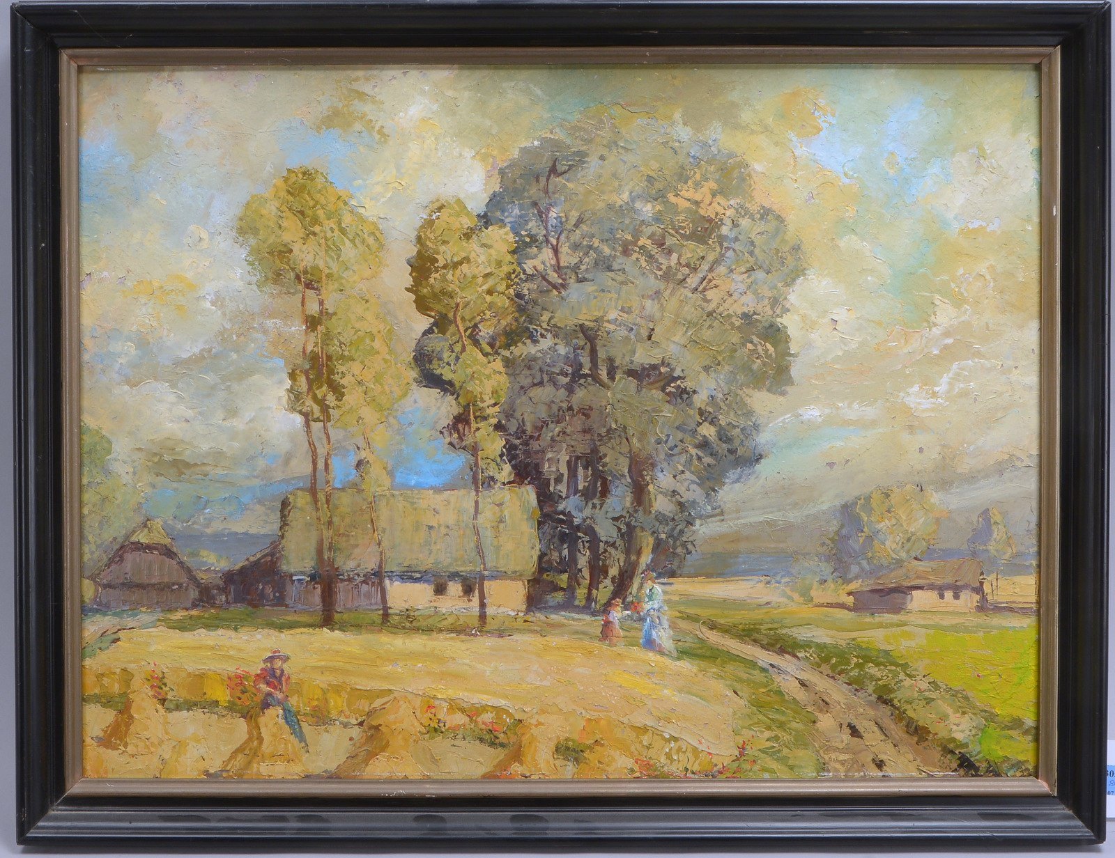 Gemälde, 'Sommerlandschaft - Personen am Kornfeld', Öl auf Hartfaser/ger., unsign.