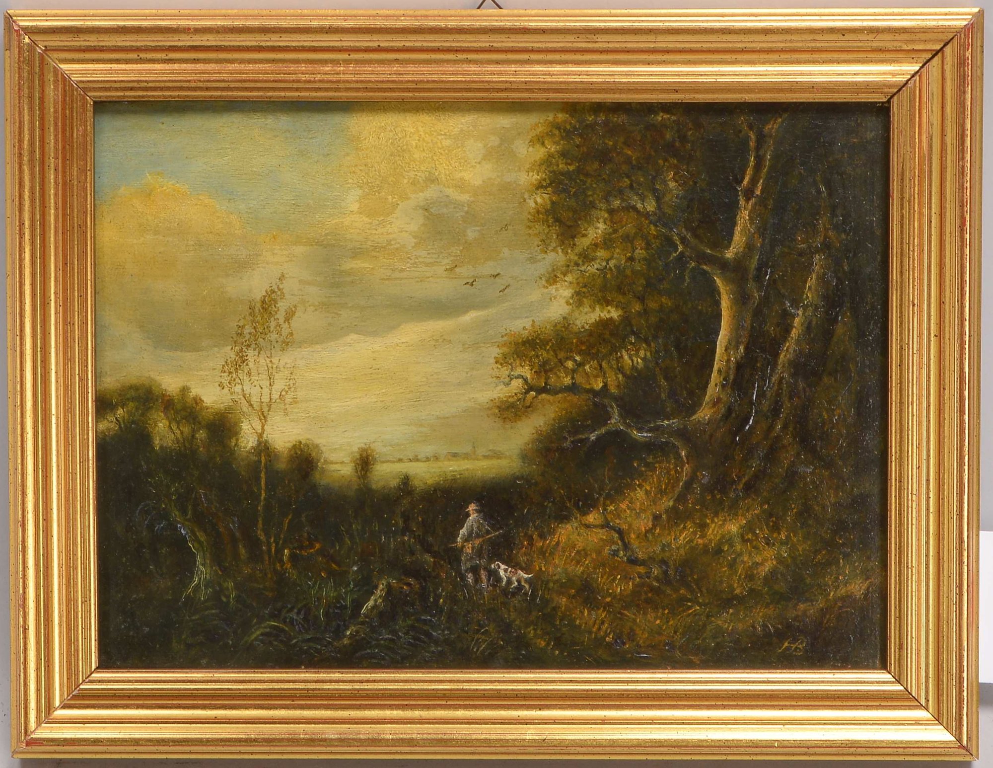 Monogrammist H.B., 'Jäger mit Hund', Öl auf Holz/gerahmt, unten re. monogrammiert; Maße 27 x 35 cm